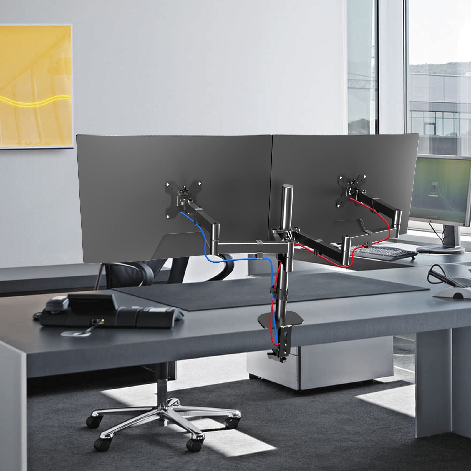 Pholiten Dual Monitor Stand for 13-32 Inch Screens - Extra Long Adjustable Monitor Arm Desk Mount with 27.95