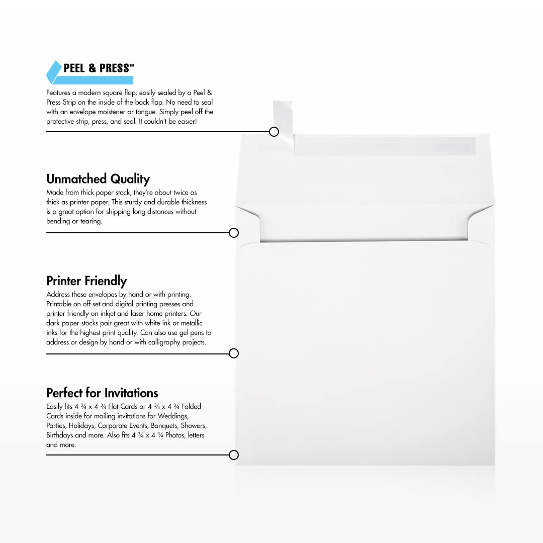 LUXPaper Square Invitation Envelopes 5x5 Inches - 80lb Premium Bright White Cardstock - Self Seal Peel & Press Design - 500 Pack for Wedding, Birthday & Party Invitations