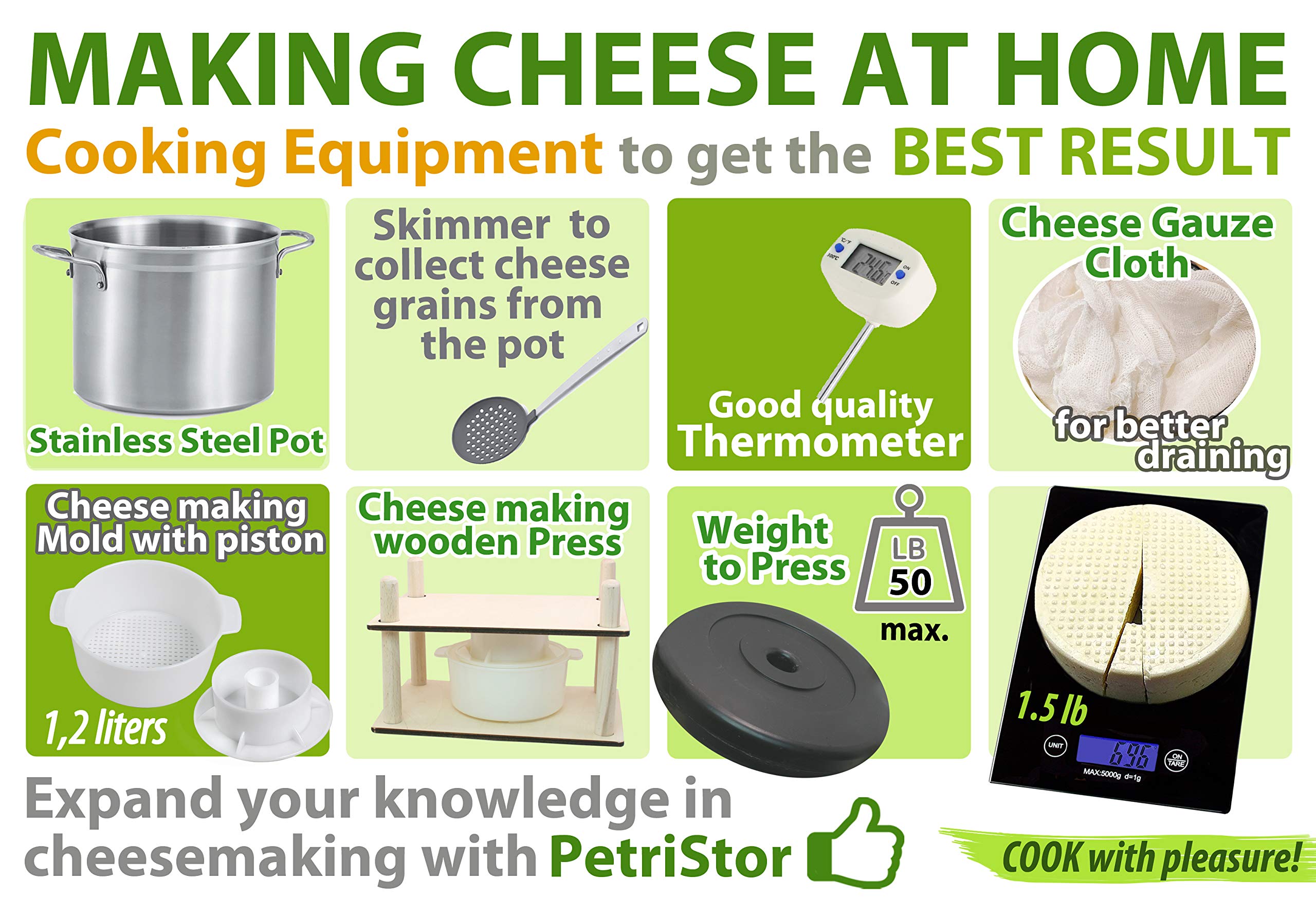 PetriStor 1.3QT Cheese Making Kit - Stainless Steel Cheese Mold with Follower Piston & Cheesecloth for Homemade Paneer, Cheddar & Artisan Cheeses | Perfect for DIY Cheese Press, Cheese Form Mold & Cheese Making Basket | Ideal for Home Cheesemaking, Gifts & Culinary Classes