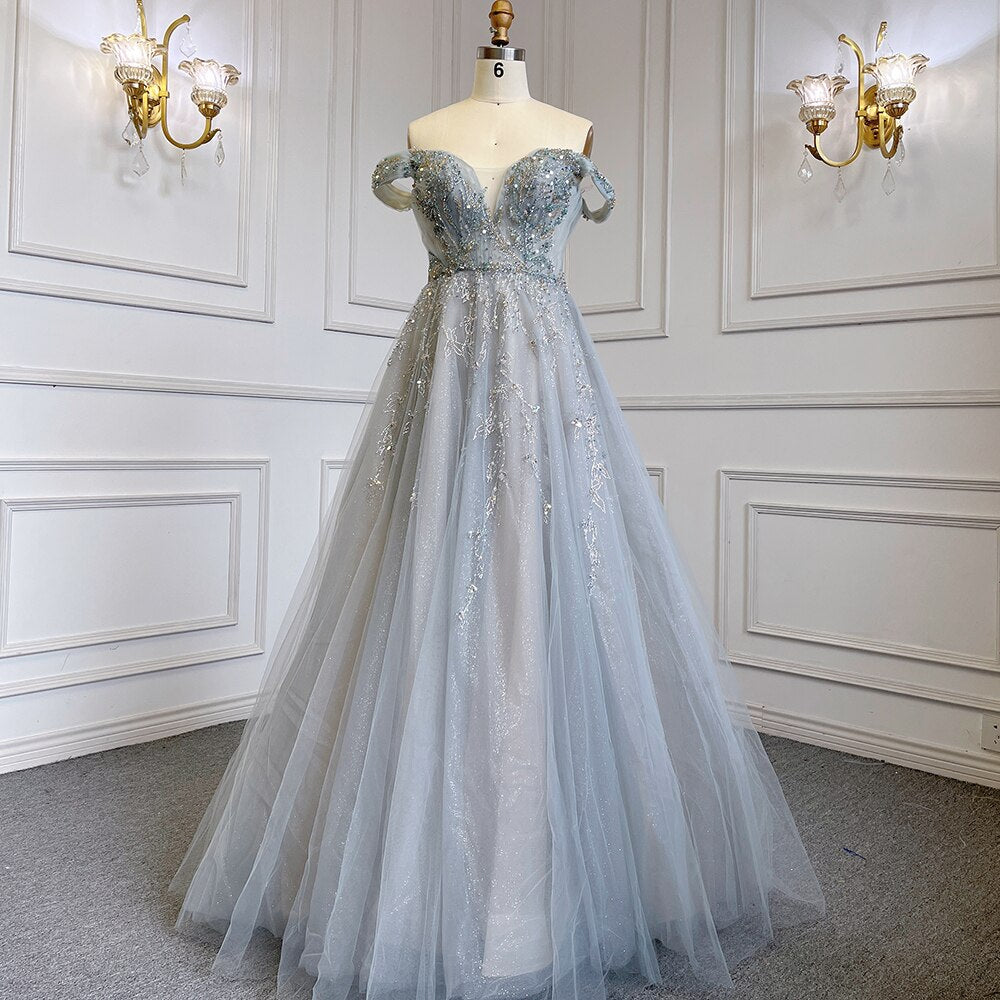 Serene Hill Grey Blue A-Line Sexy Strappy Skirt Cap Sleeve Luxury Beaded Evening Dress Gown for Women 2025 | LA71740 | Perfect for Cocktail Parties, Prom Nights & Formal Events