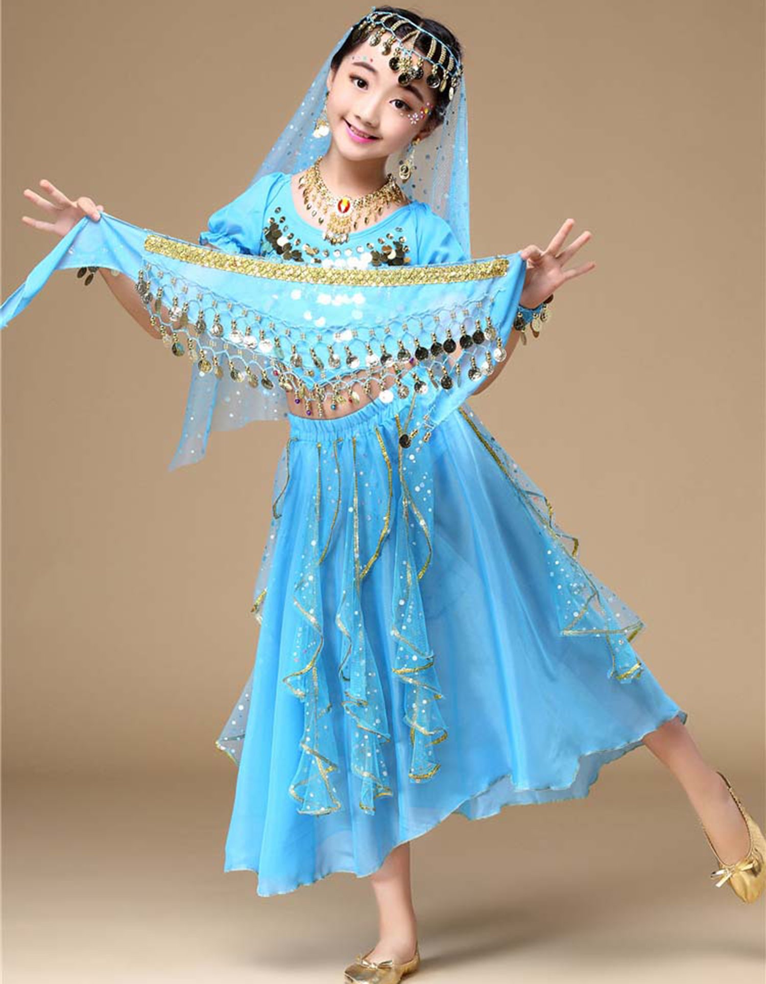 Stunning Astage Girl Belly Dance Costume with Sequins - Indian Dance Outfit for Halloween, Carnival, and Party Performances