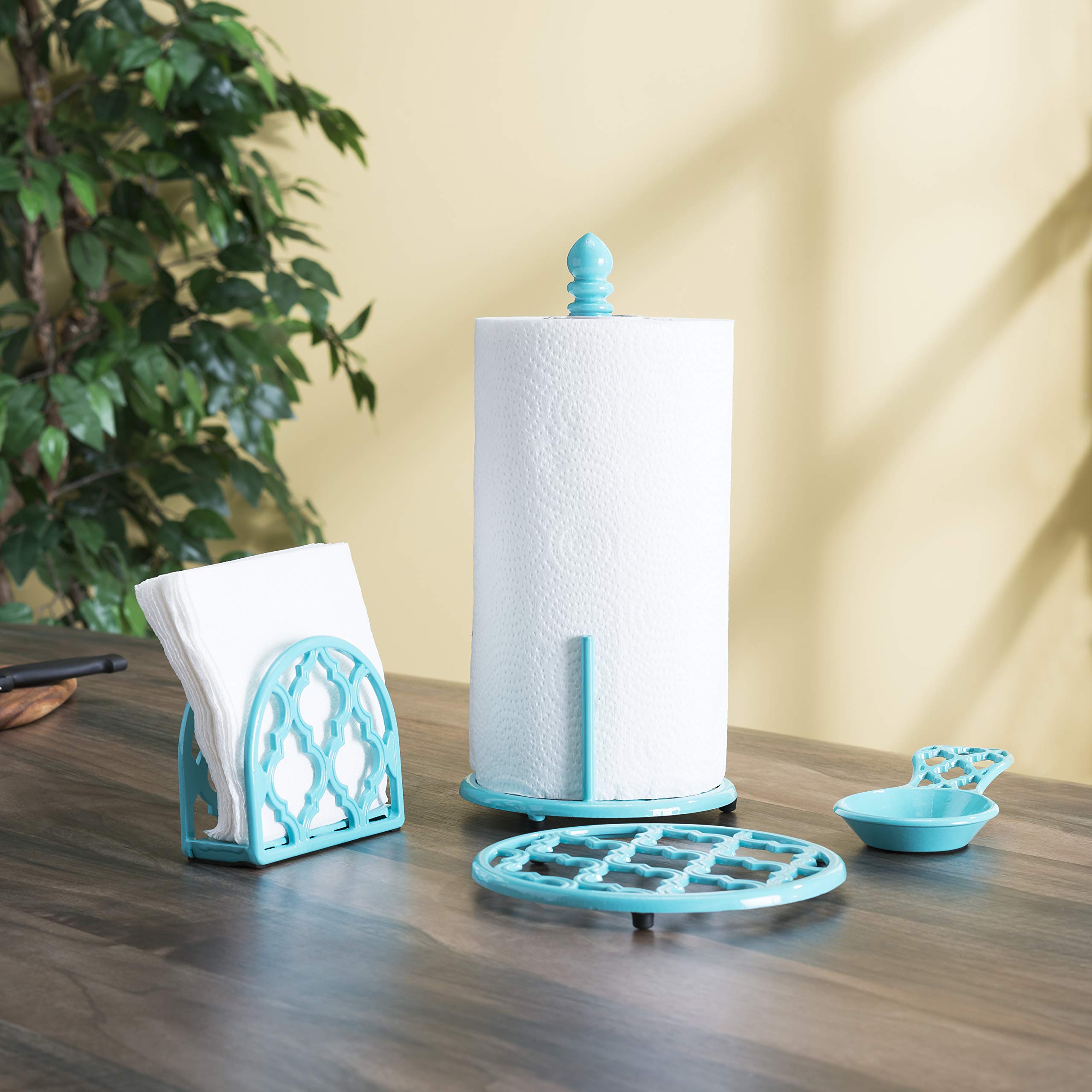 Home Basics Lattice Collection Cast Iron Spoon Rest - Turquoise - Heat Resistant Kitchen Utensil Holder for Cooking, Serving & Dining Decor