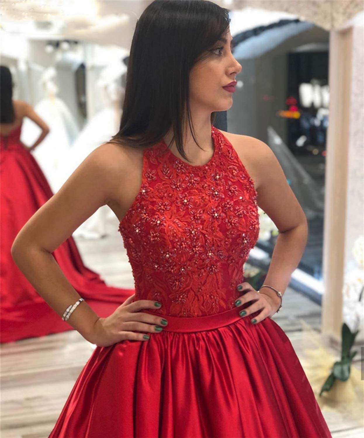 Elegant Women's Halter Beaded Applique Prom Dress - Long Ball Gown for Evening Formal Events, Parties & Special Occasions