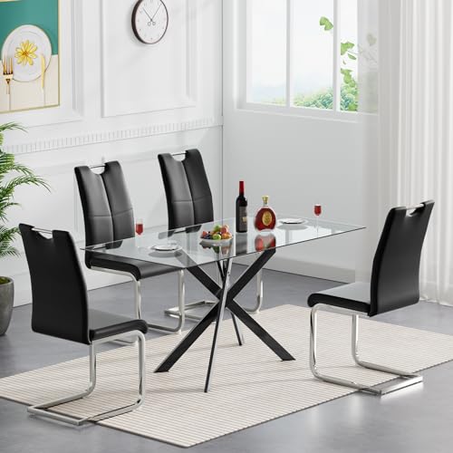 Clear Table With 4 Black Silver Chairs
