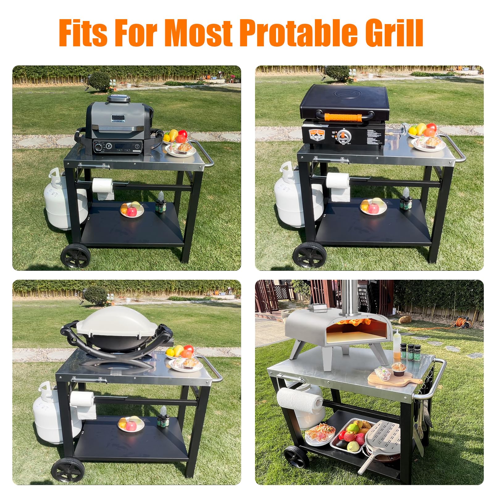 Portable Outdoor Grill Table Cart with Wheels - Heavy Duty Movable BBQ Prep Station, Pizza Oven Stand & Double Shelf Work Table - Perfect for Blackstone, Ninja, Ooni Grills - Ideal for Backyard Cooking, Tailgating & Outdoor Entertaining