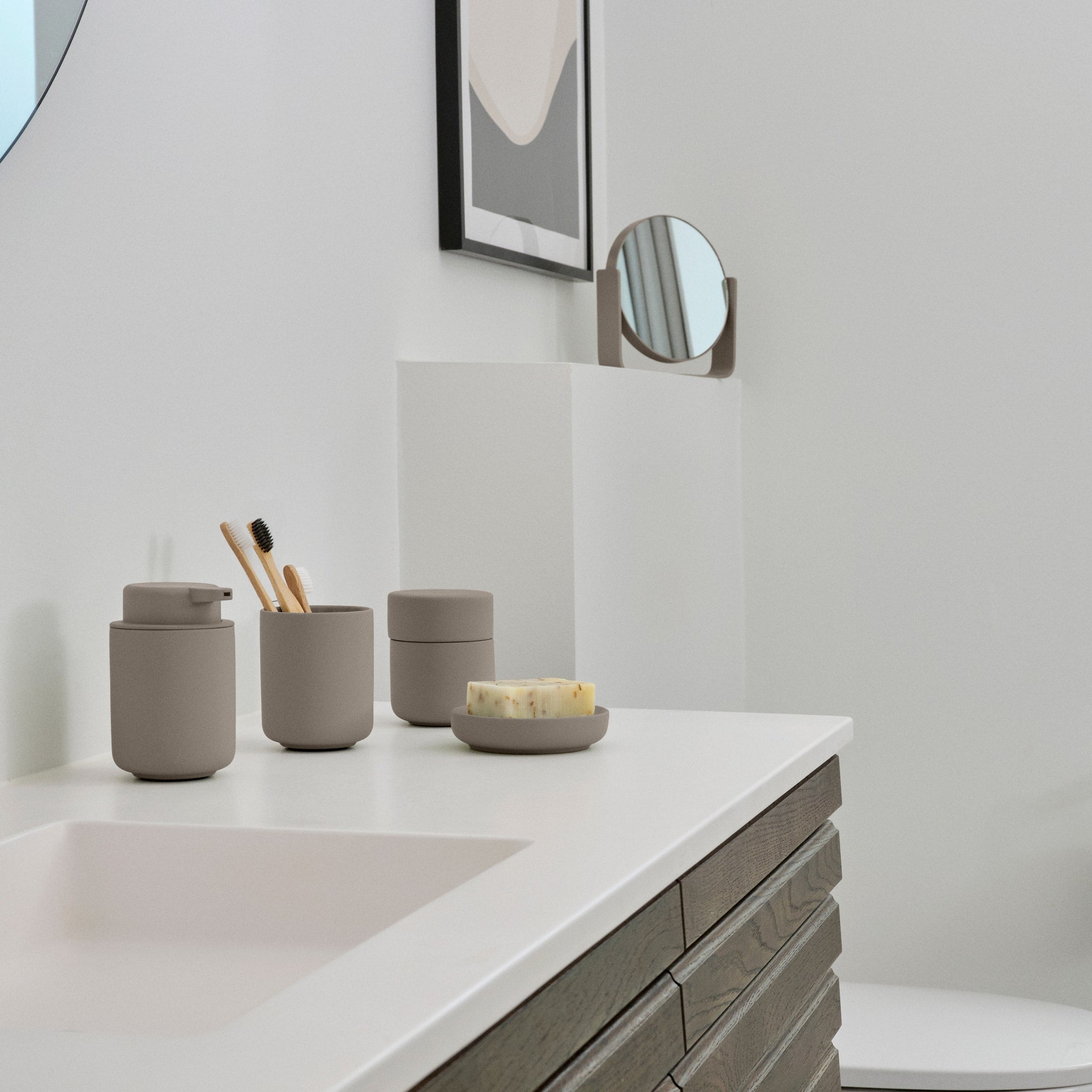 ZONE DENMARK Ume Tumbler & Toothbrush Mug - Insulated Coffee Cup with Lid, Taupe - Perfect for Home, Office, Travel & Gifts