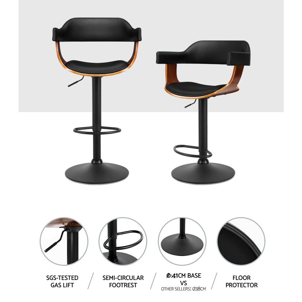 Adjustable Height Gas Lift Bar Stools with Armrests - Premium Black Leather Counter Stools for Kitchen Island, Dining Room & Home Bar