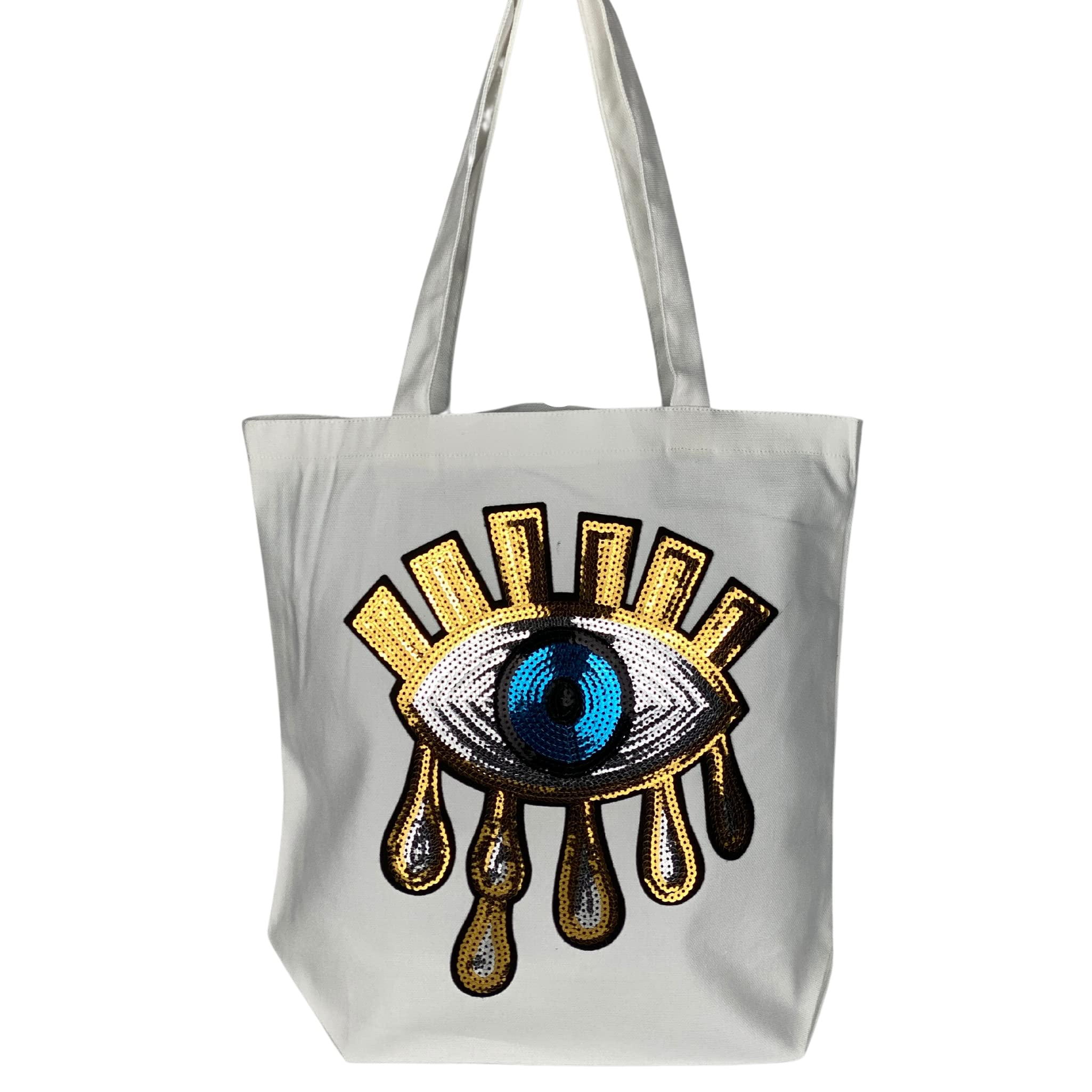 Evil Eye Black Canvas Tote Bag for Women - Eco-Friendly Beach Bag, Summer Shoulder Bag with White Gold Design - Perfect for Beach Outings, Shopping & Daily Use