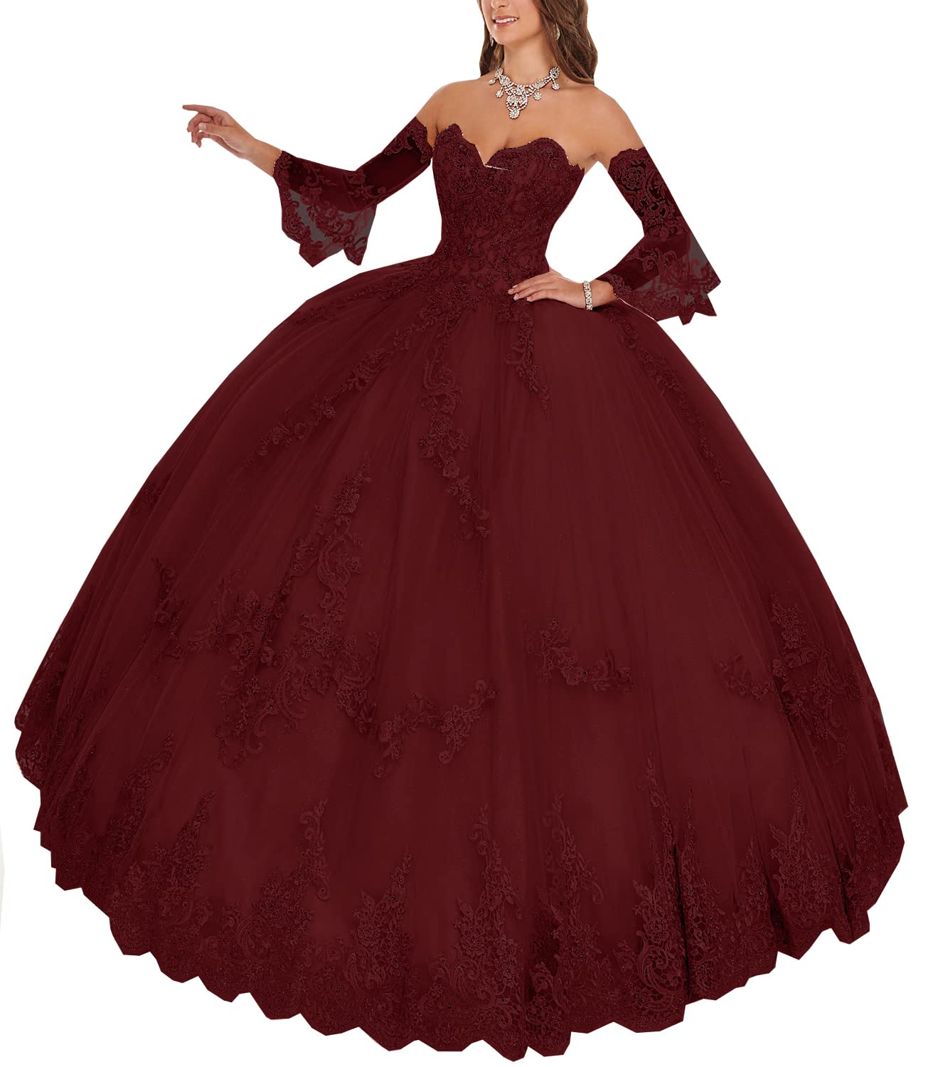 Elegant Ball Gown Lace Quinceanera Dress for Women - Sweetheart Neckline Long Sleeve Prom Dress with Beaded Applique | Perfect for Quinceañeras, Prom Nights, Weddings & Formal Events