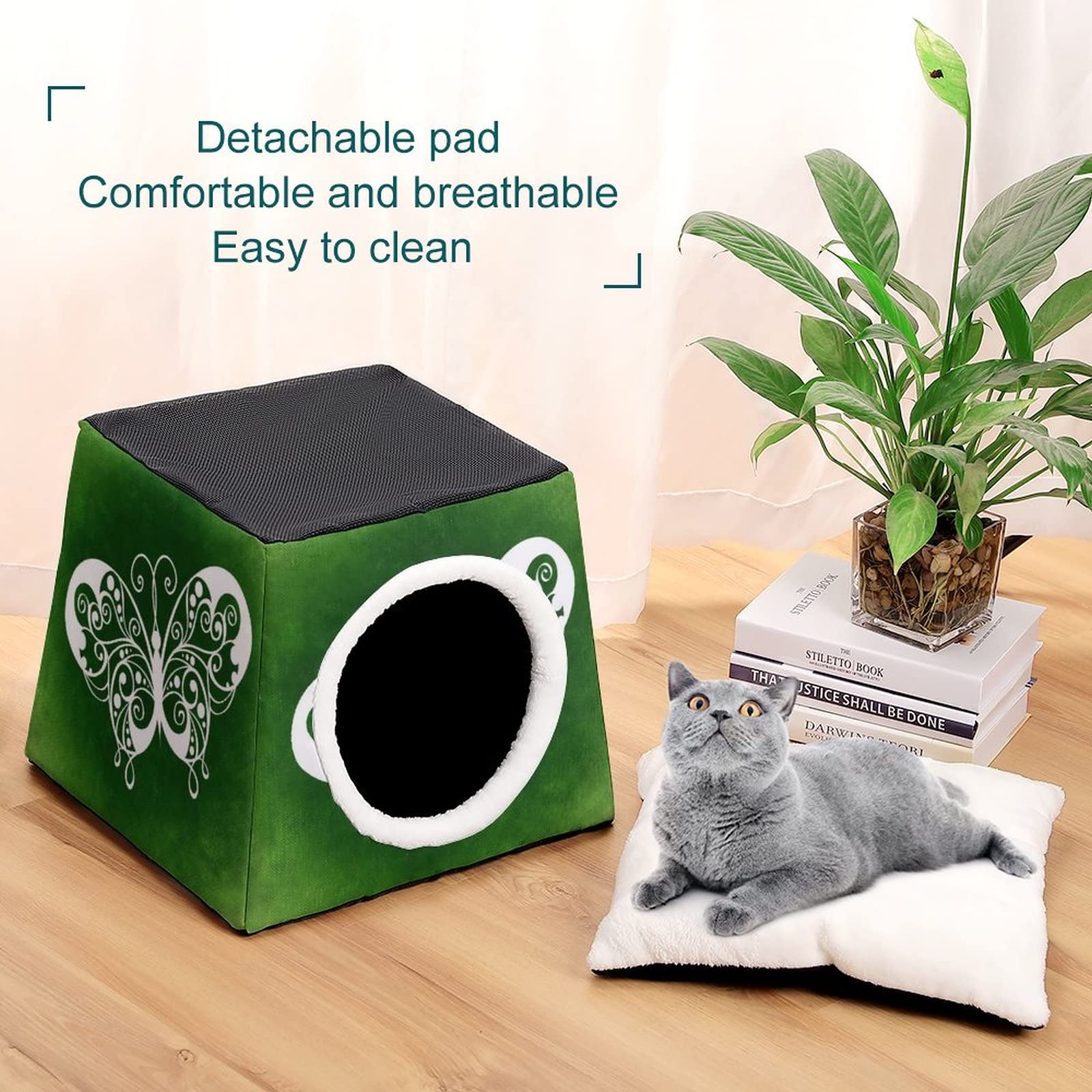 Printed Cat Houses & Condos - Foldable Cat Cube Bed with Removable Pillow, Green Butterfly Design | Cozy Pet Furniture for Indoor Cats, Perfect for Lounging & Napping in Living Room or Bedroom