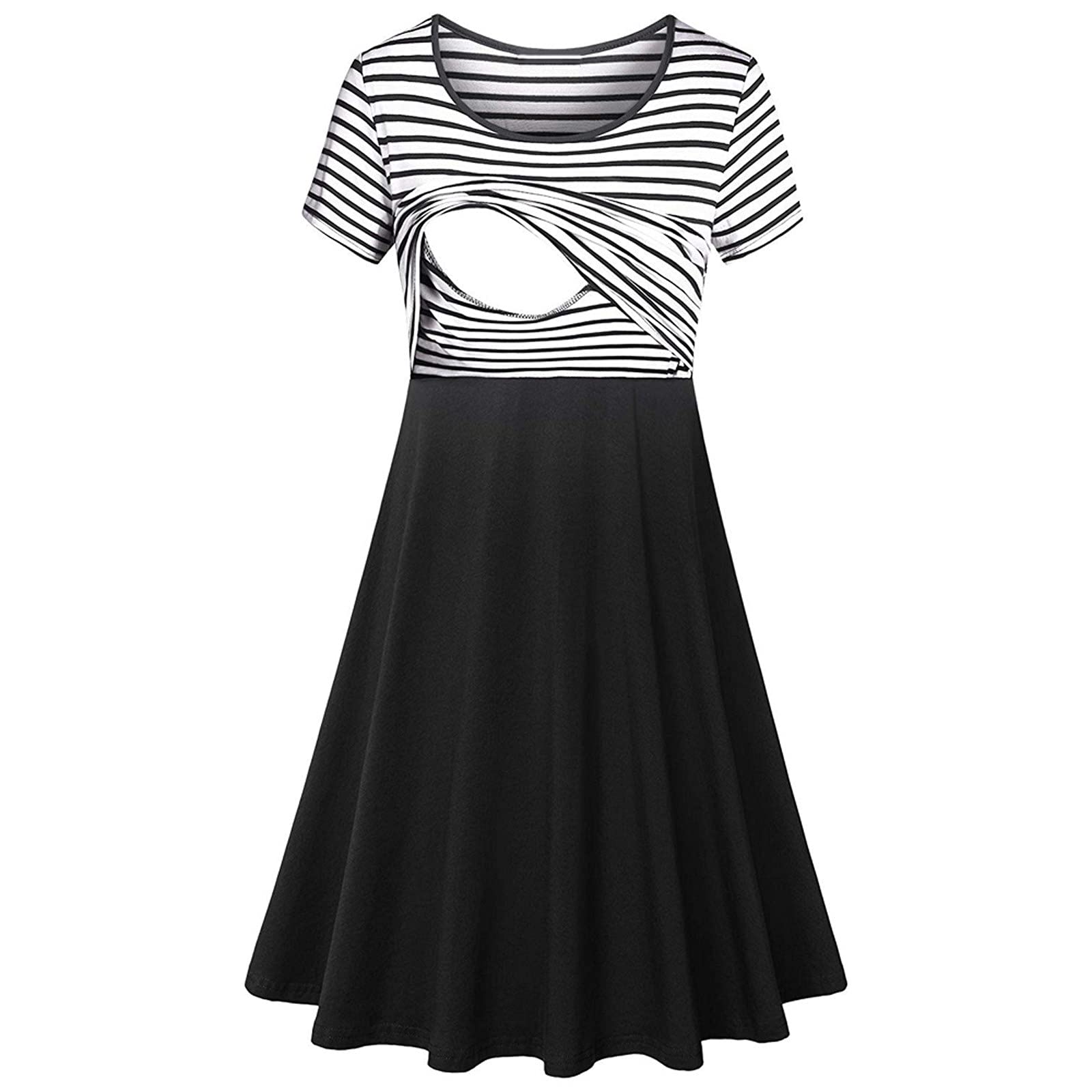 Lucktop Women's Maternity Nursing Dress - Soft Cotton Breastfeeding Dress with Solid & Stripe Patterns, Comfortable Swing Style for Pregnancy & Nursing - Perfect for Casual Wear, Doctor Visits & Baby Showers