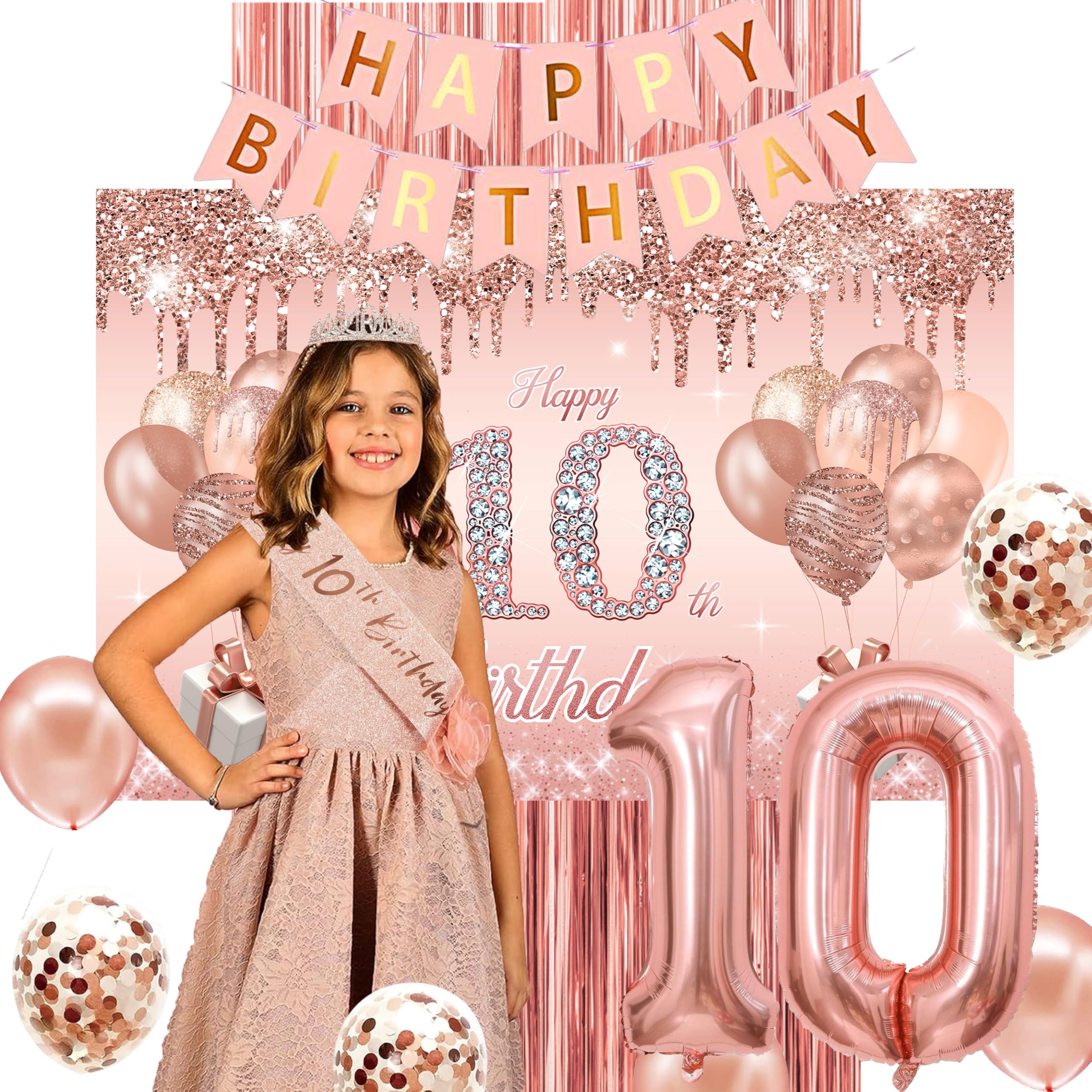 Rose Gold 10th Birthday Party Decorations Set - Happy Birthday Banner, Backdrop, Sash, Tiara & Balloons for Girls' Decade Celebration | Perfect for Birthday Parties, Photo Booths & Milestone Decor