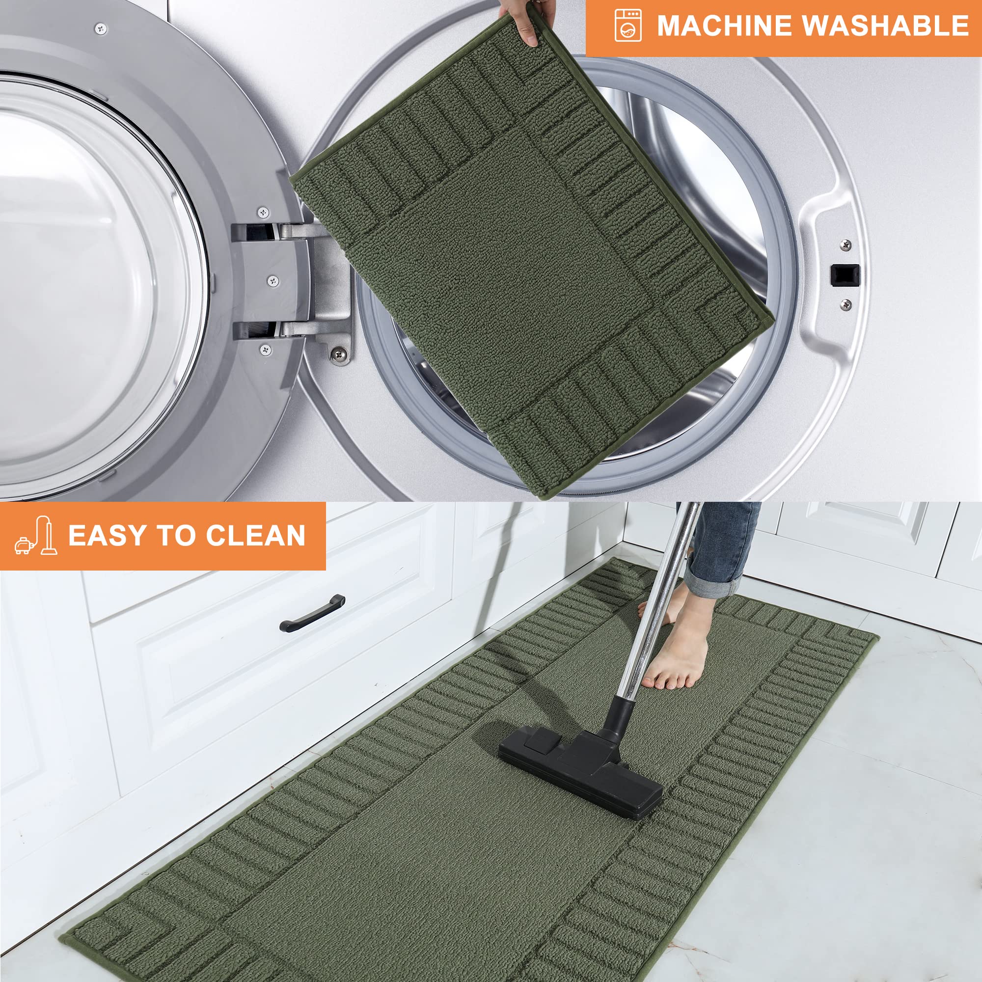 BEQHAUSE Non-Slip Kitchen Rugs Set of 2, Machine Washable Kitchen Mats with TPR Backing, Green, 24x35inch & 24x60inch, Perfect for Floors, Sinks, and Counter Areas