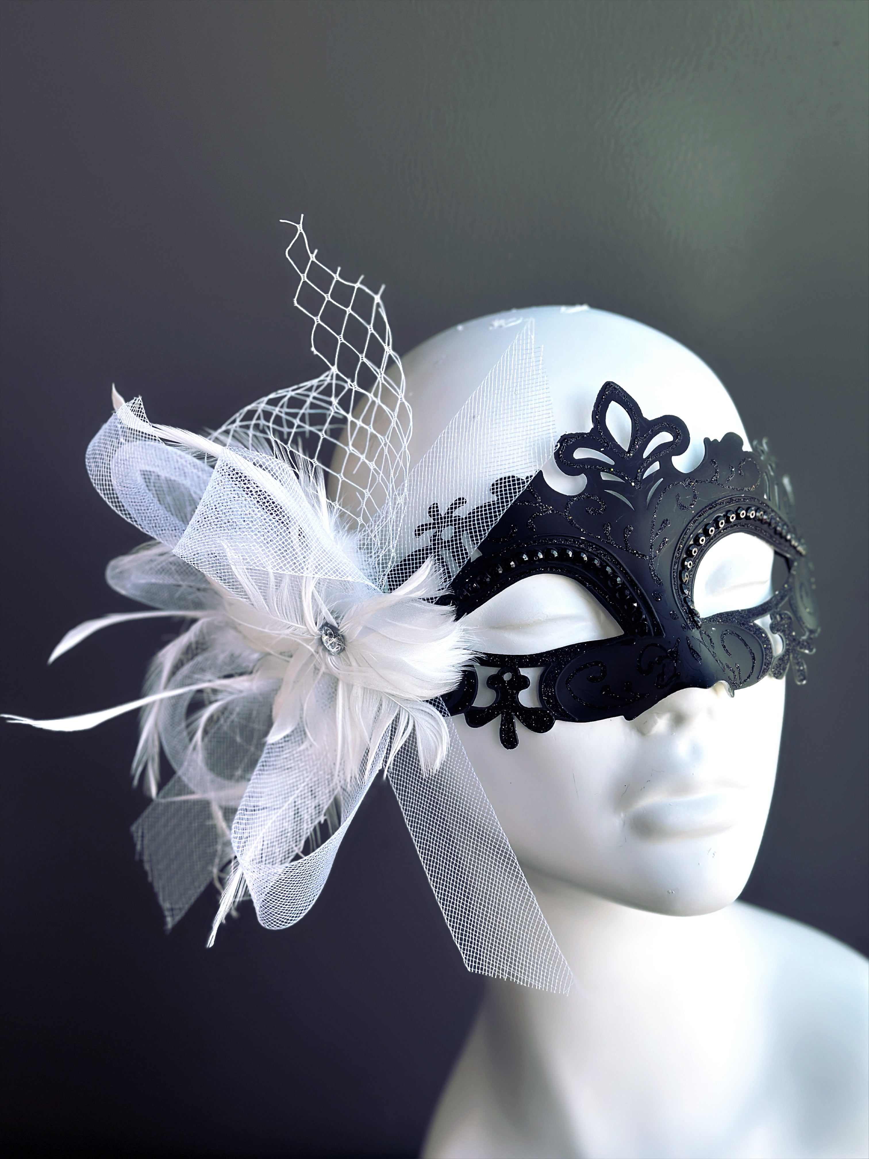 Mystique Black Face Mask with White Feathers - Elegant & Breathable for Parties, Halloween, Cosplay & Costume Events