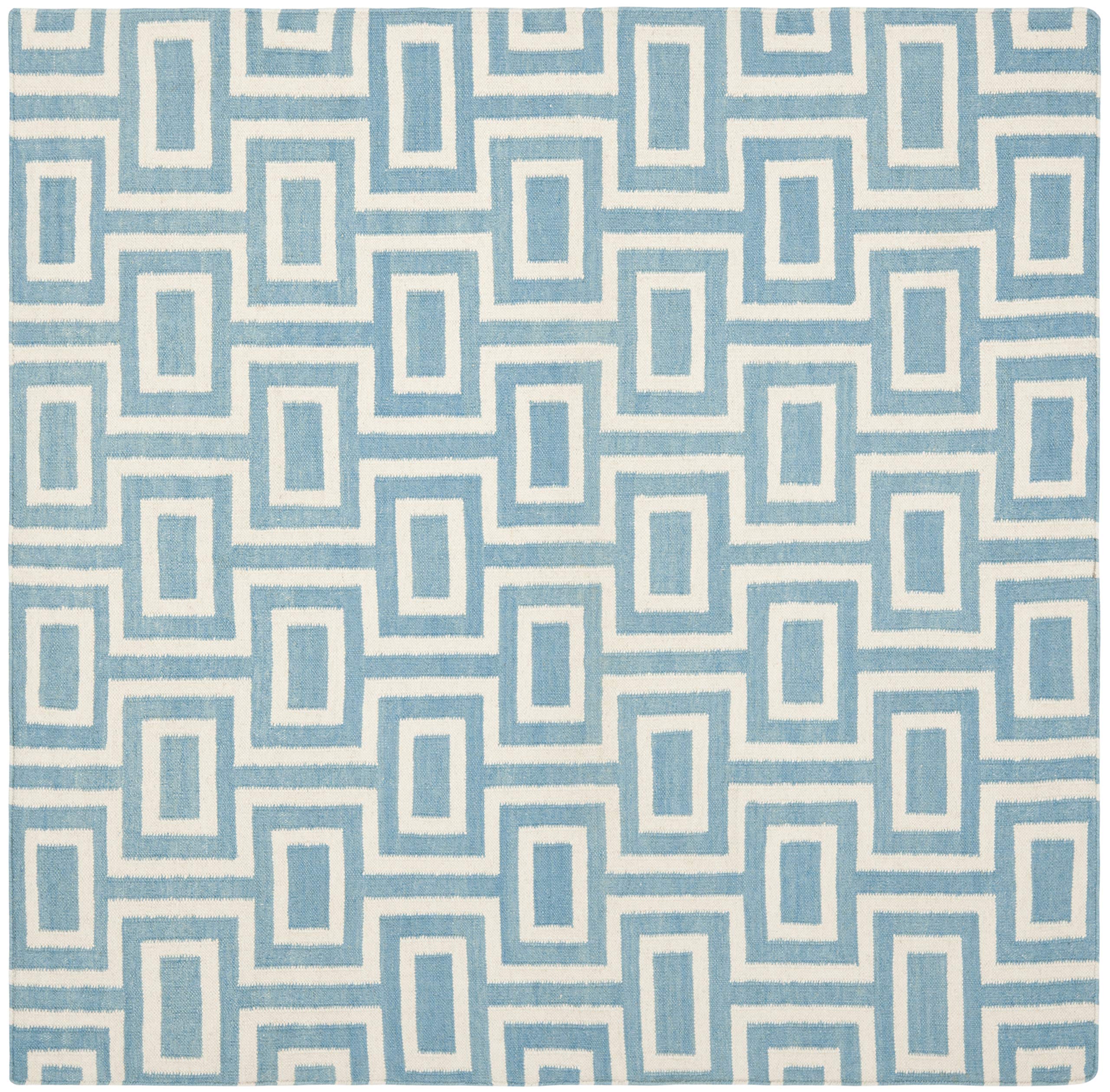 SAFAVIEH Dhurries Collection 8' Square Light Blue/Ivory DHU562A Handmade Flatweave Premium Wool Area Rug - Perfect for Living Room, Bedroom & Home Decor