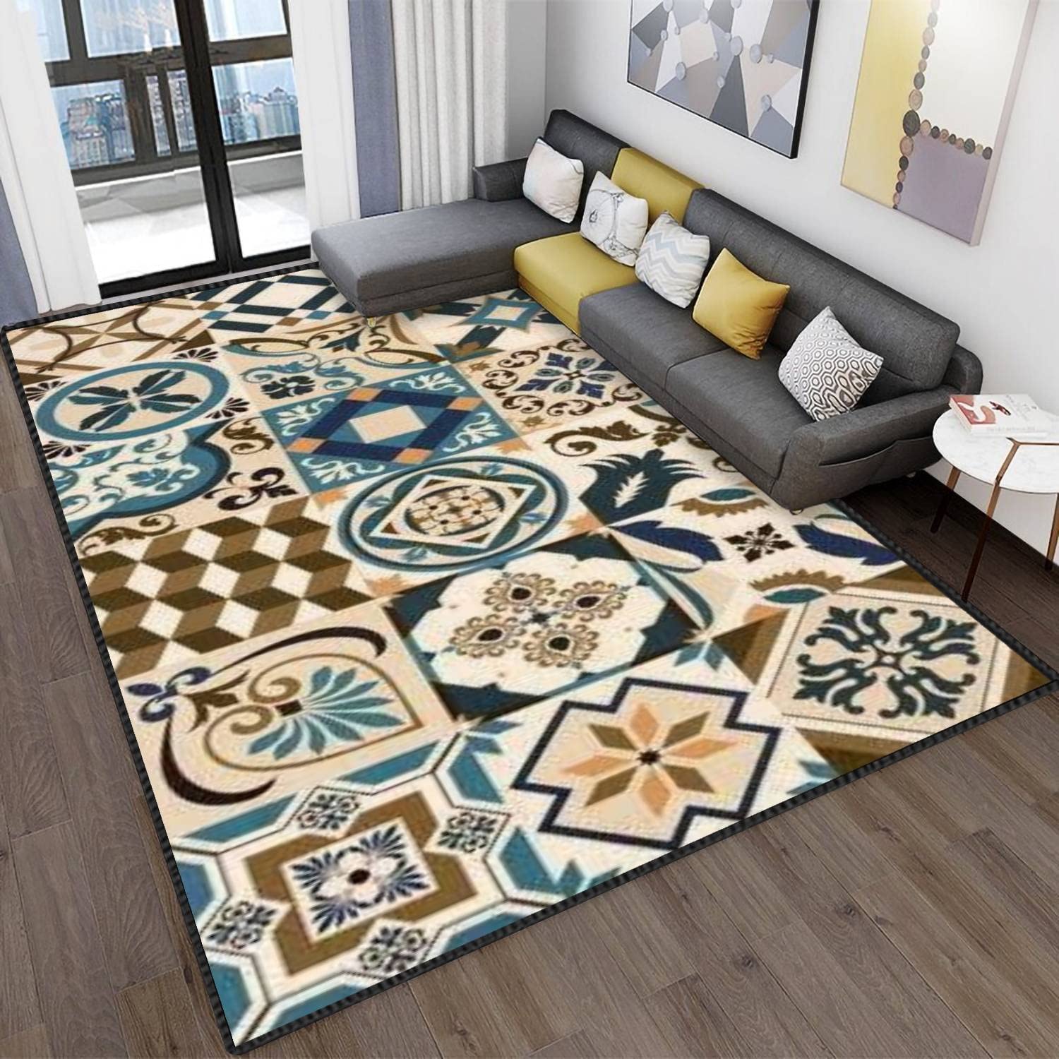 Lisbon Geometric Azulejo Tile Area Rug - Portuguese & Spanish Retro Design, Modern Abstract Soft Non-Slip Floor Carpet for Living Room, Bedroom, Kids Room | Indoor/Outdoor Use in Home Decor