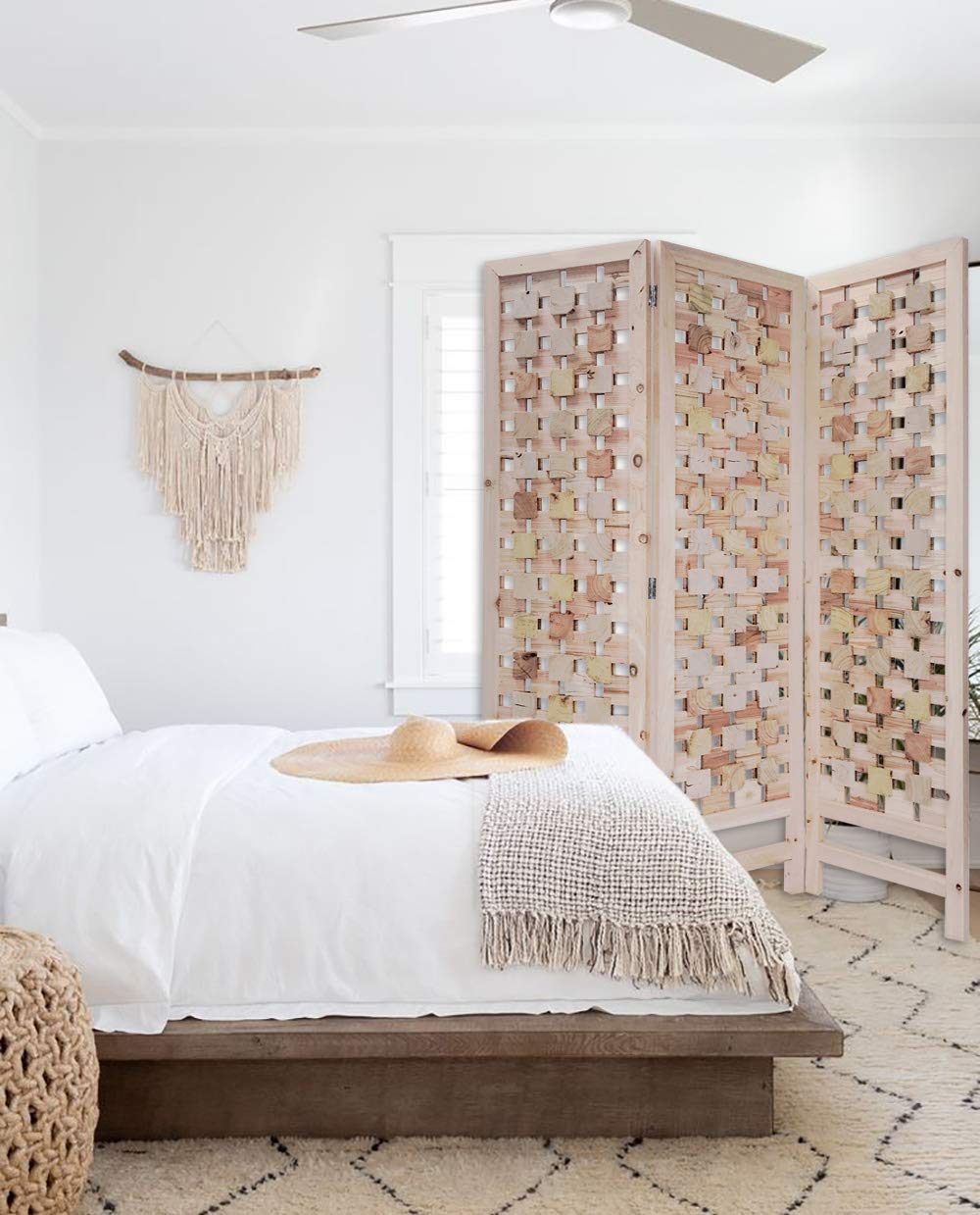 HomeRoots 3-Panel Pink Room Divider with Cut Square Wood Design - Privacy Screen for Bedroom, Office & Living Space