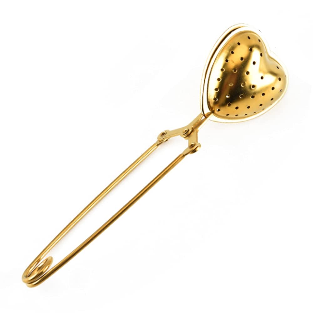 Premium Gold Heart Tea Infuser - Stainless Steel Loose Leaf Tea Strainer with Hinged Clamp & Straight Handle - Perfect for Herbal, Green & Black Tea Brewing at Home or Office