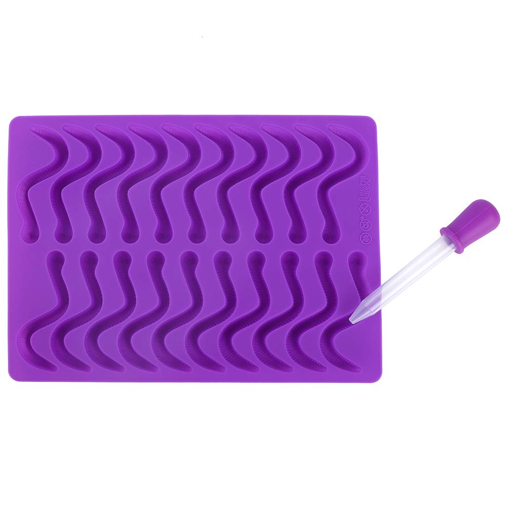 20 Compartments Purple Silicone Candy Mold for Gummy Worms, Chocolate & Cake Decorations - Reusable Baking Tool with Dropper for DIY Candy Making, Party Treats & Home Baking
