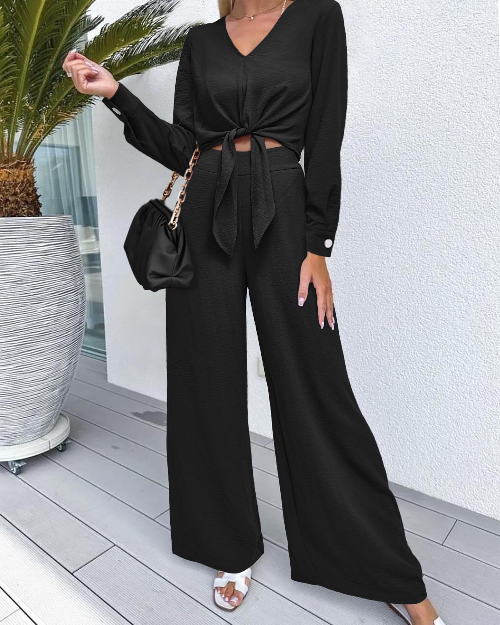 PRETTYGARDEN Women's 2 Piece Outfits 2025 Spring Summer Casual V Neck Long Sleeve Strappy Crop Top with High Waist Wide Leg Palazzo Pants Set | Lounge Wear, Street Fashion, Vacation Outfits