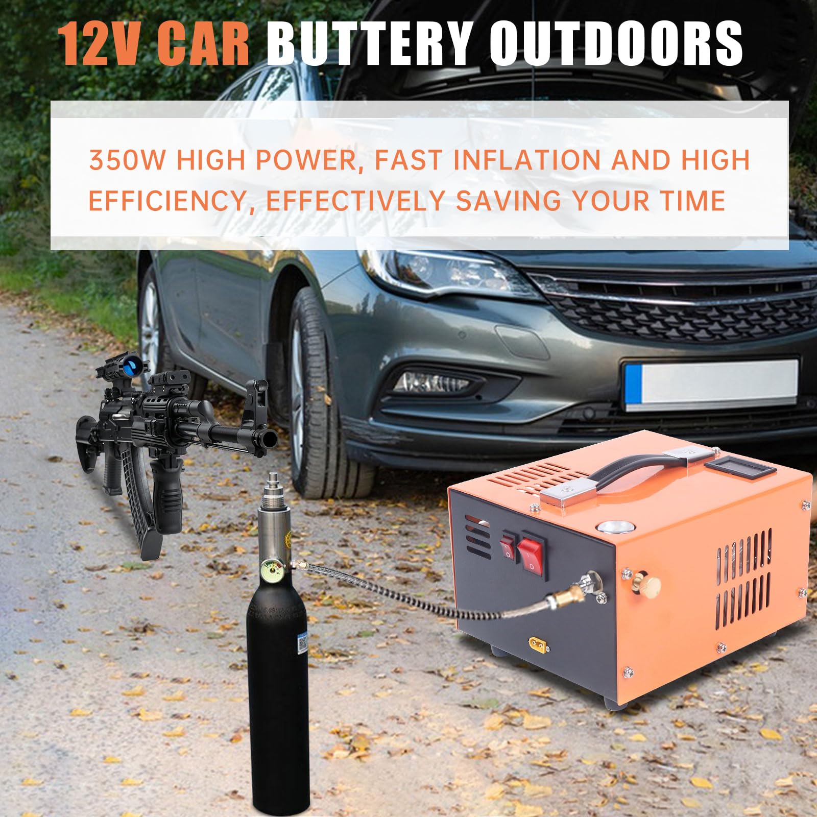 4500psi 12V High Pressure Air Compressor for PCP Air Guns - Portable PCP Pump with Built-in Transformer & Fan Cooling (Orange) - Perfect for Hunting, Paintball & Airsoft Refills
