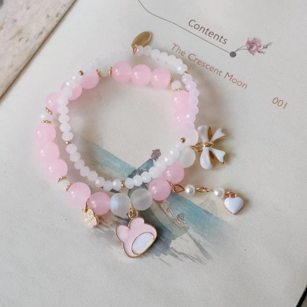 Elastic Cartoon Crystal Beads Pearl Bracelet - Adjustable Kawaii Beaded Strand Bracelets for Women & Girls - Cute Graduation Charm Jewelry Gift for Kids - Perfect for Birthday Parties, School Events and Everyday Fashion Accessories