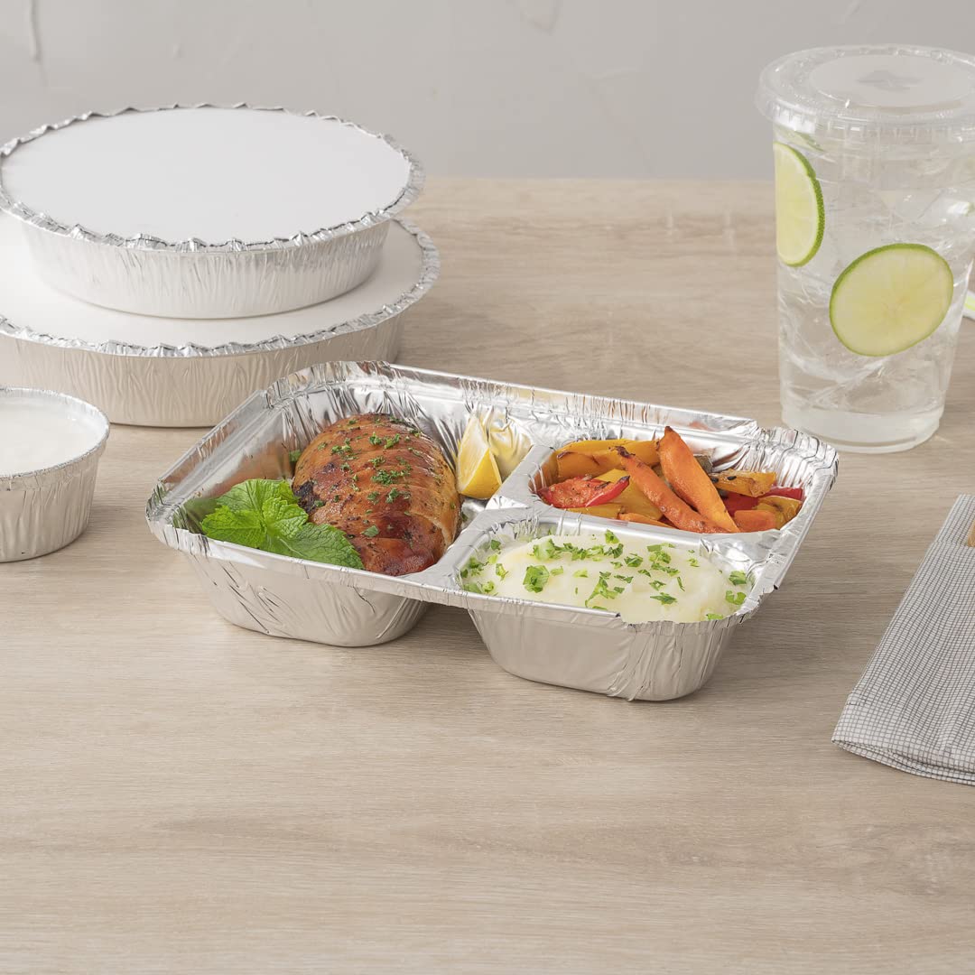 Restaurantware Foil Lux 23oz Aluminum Food Storage Containers - 100-Pack 3-Compartment Rectangle Pans for Baking, Meal Prep & Leftovers (Lids Sold Separately) | Durable & Reusable for Catering, Restaurants & Home Cooking