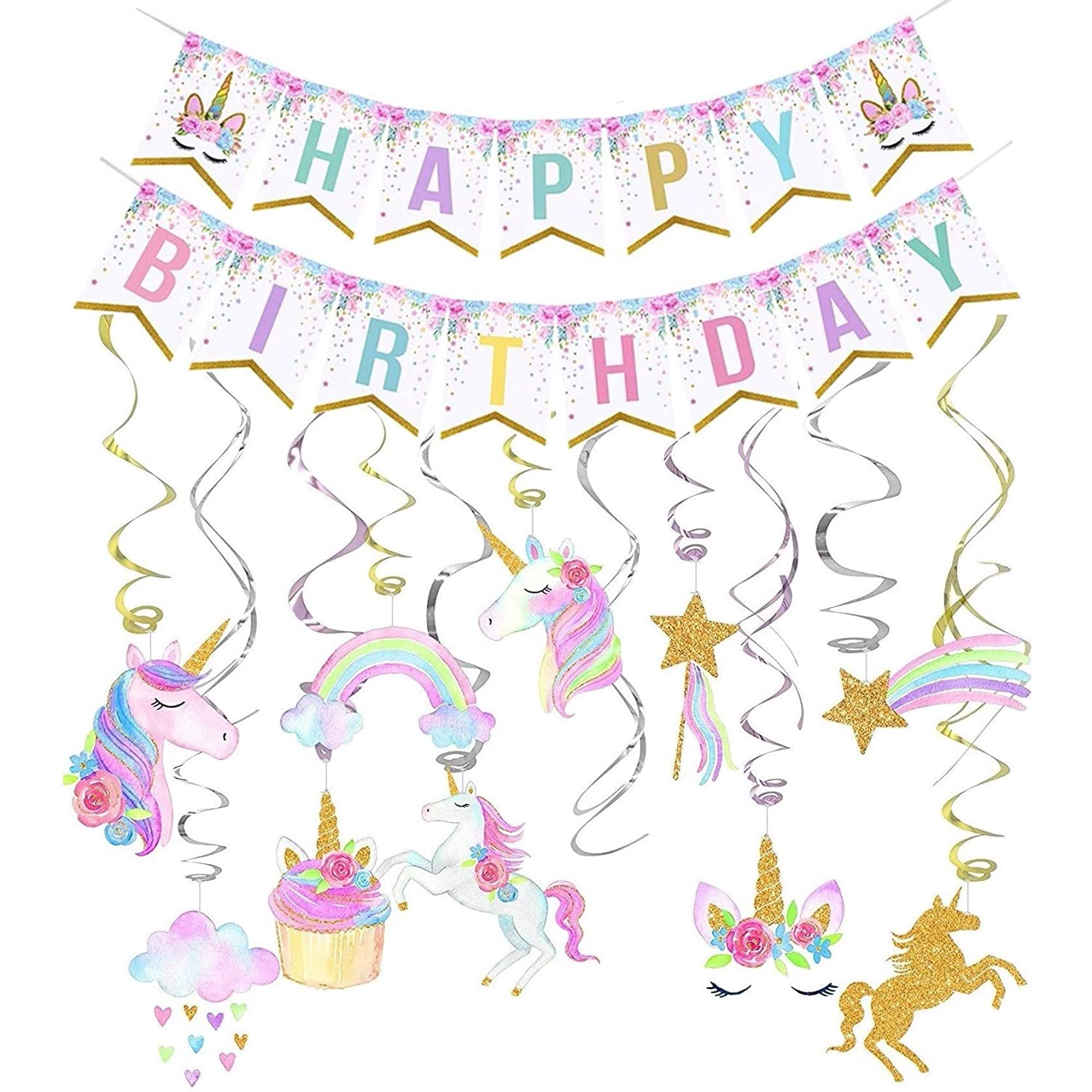 Magical Unicorn Birthday Party Decorations Set - Happy Birthday Banner, Hanging Swirls & Party Favors for Girls | Perfect for Unicorn Themed Birthday Celebrations, Baby Showers & Kids Room Decor