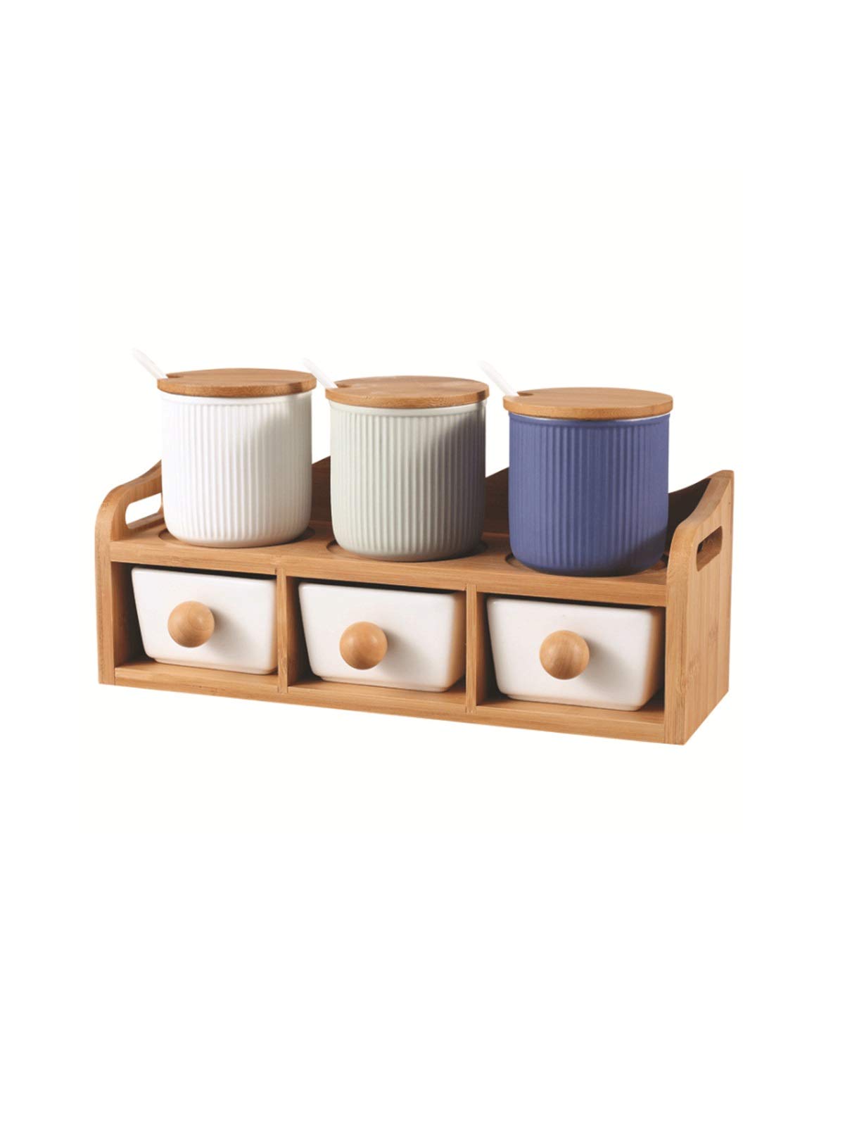 Viinice 6-Piece Ceramic Condiment Bottle Set with Spoon & Wooden Stand - Solid Color Spice Jars for Salt, Sugar, Pepper & Chili - Perfect for Kitchen Countertop, Dining Table & Restaurant Seasoning Storage