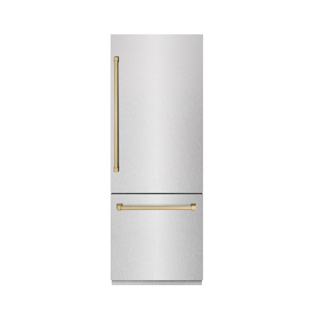 ZLINE GRBIVZ SN 30 CB 30-Inch Built-In Bottom Freezer Refrigerator - 16.1 cu.ft Capacity, Satin Stainless Steel Exterior with Graphite Gray Interior & Champagne Bronze Accents - Water Dispenser & Ice Maker - Perfect for Modern Kitchens & Open-Concept Homes