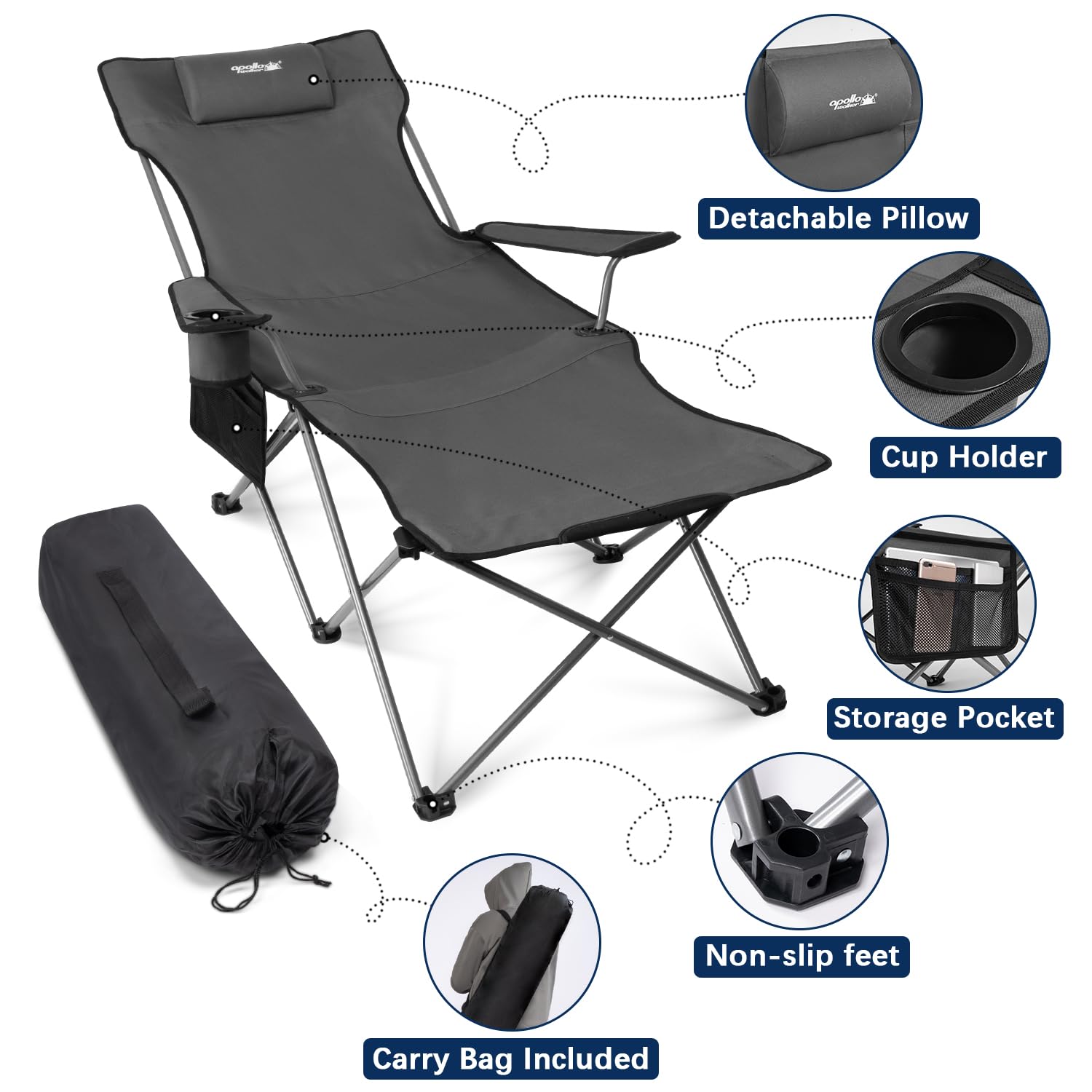 Apollo Walker 6-Legged Reclining Camping Chair for Adults - Adjustable 90°-135° Beach Lounge Chair with Footrest, Detachable Pillow & Carry Bag - Perfect for Outdoor Camping, Beach Relaxing, Backyard Lounging, and Picnics