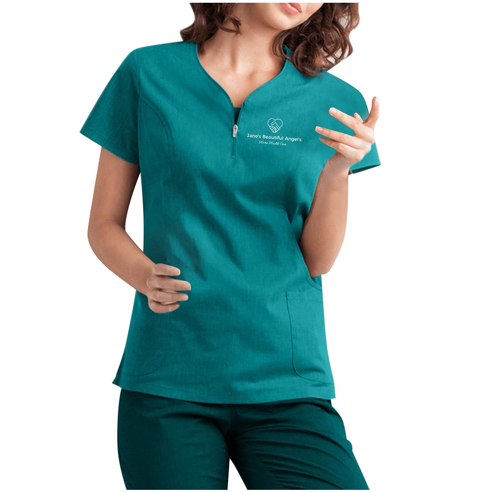 Women's Soft Casual Turtleneck Short Sleeve V-Neck Zipper Pocket T-Shirt - Comfortable Workwear for Nurses, Caregivers & Healthcare Professionals - Perfect for Hospital Shifts, Home Care & Medical Office Wear