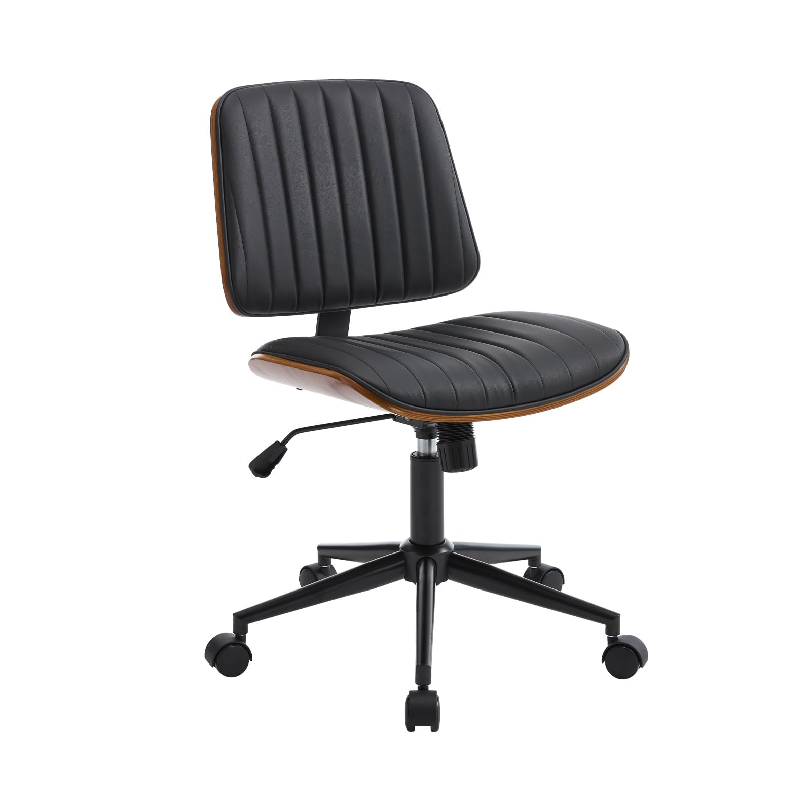 Ergonomic Small Home Office Chair - Armless Mid Back Desk Chair with 360° Swivel Wheels, PU Leather Upholstery & Height Adjustment - Modern Walnut Computer Chair for Home Office, Study Room or Conference Room - Black - Perfect for Remote Work, Online Meetings & Long Working Hours