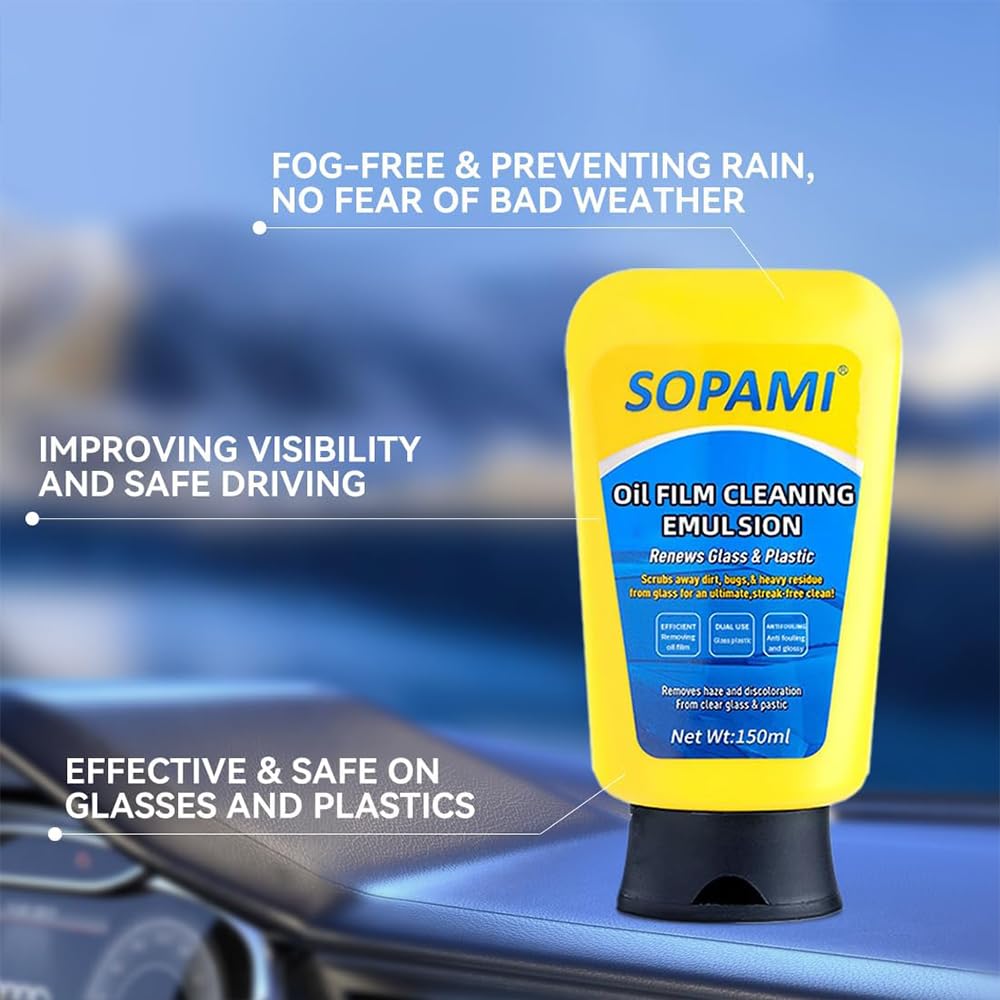 Soapami Oil Film Cleaner - Fast Acting Emulsion Glass Cleaner for Cars & Home, Removes Stubborn Oil Film from Windows, Plastic & Glass Surfaces - Perfect for Auto Detailing & Household Cleaning (1PC)