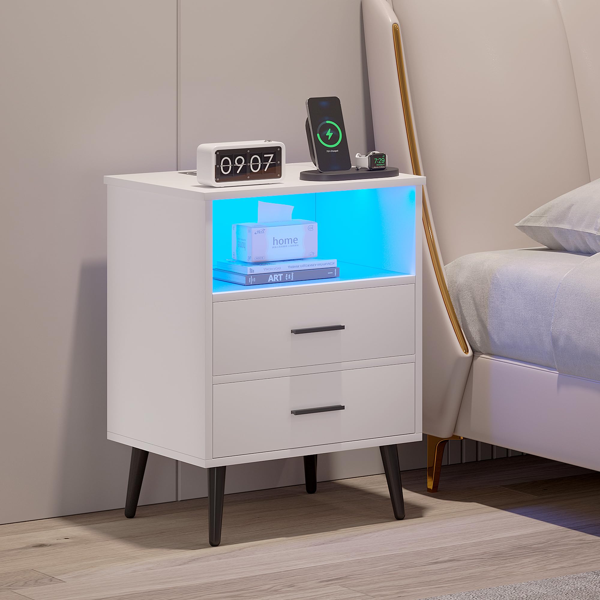 LVSOMT Modern LED Nightstand with USB Charging Station, Dimmable Touch Control & Motion Sensor - White Bedside Table with Drawers & Open Shelves, Metal Legs - Perfect for Bedroom, Guest Room & Small Spaces