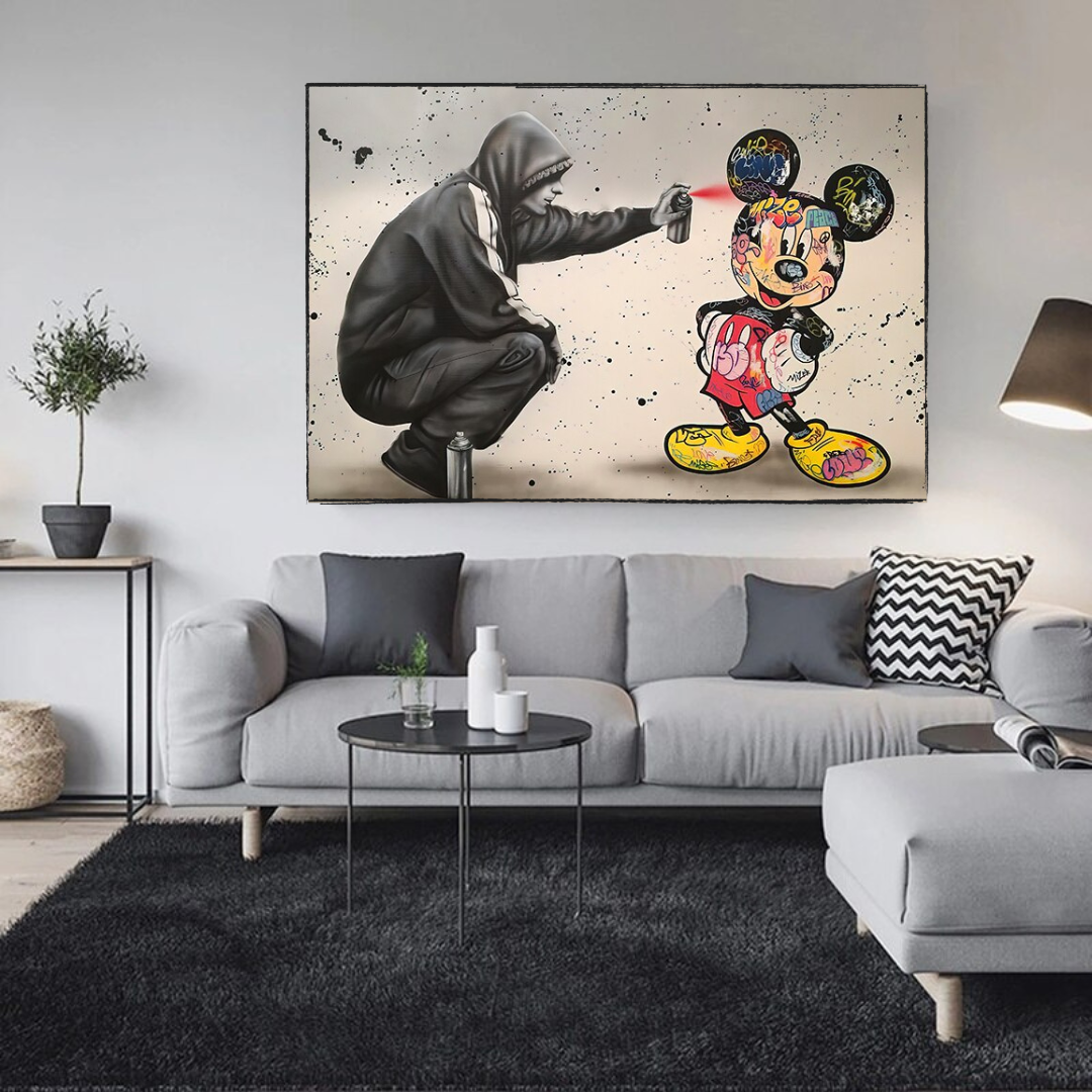Banksy Mickey Mouse Spray Painted Canvas Wall Art - Urban Street Art Print for Modern Home & Office Decor | Perfect for Living Room, Bedroom & Studio Wall Display