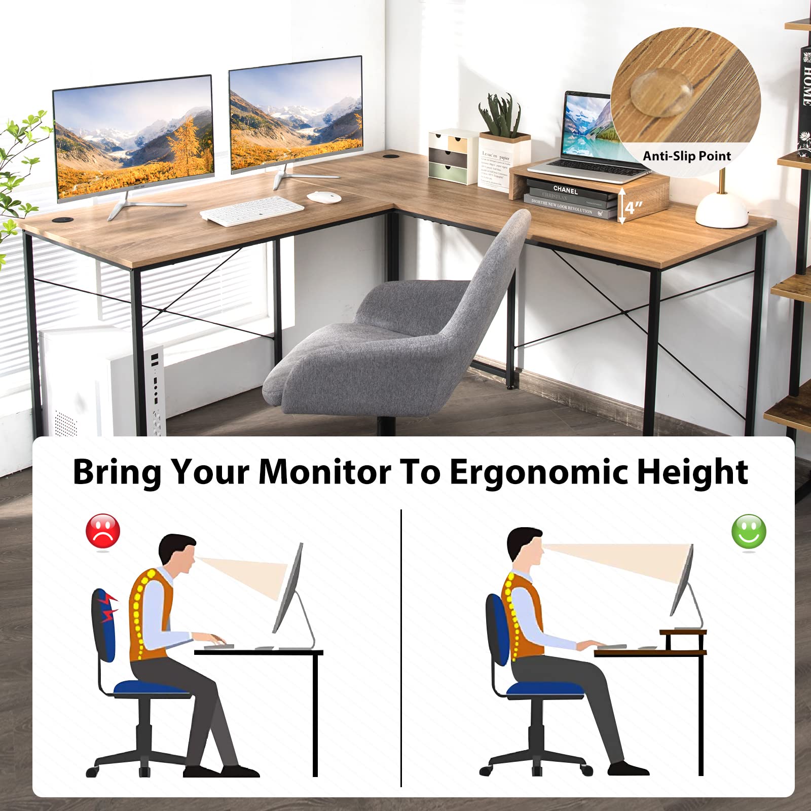 Tangkula 95 Inch L-Shaped Reversible Corner Computer Desk with Monitor Stand & Cable Management - Spacious 2-Person Home Office Desk for Gaming, Study & Work - Natural Wood Finish (Perfect for Small Spaces & Shared Workstations)