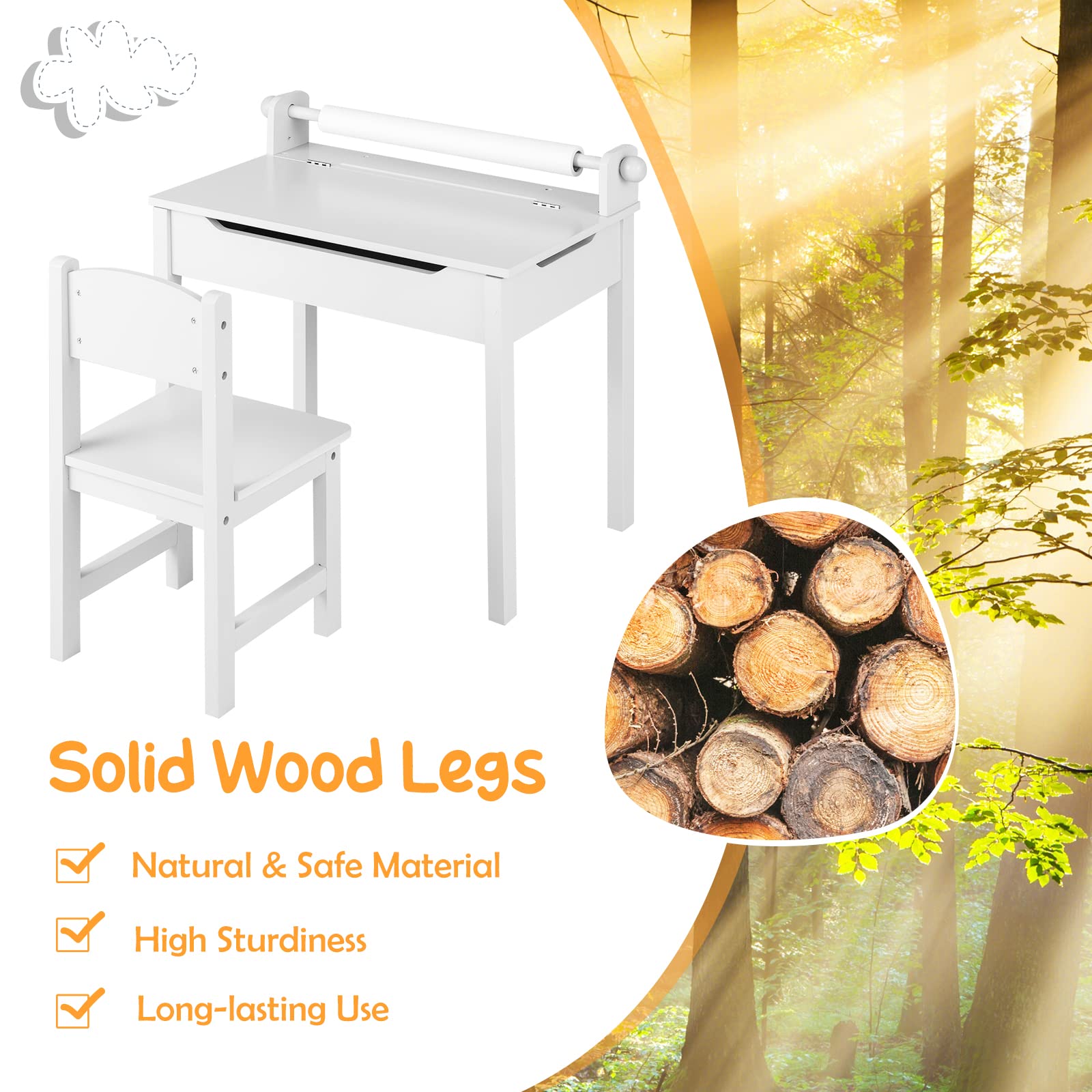 KOTEK Wooden Toddler Table and Chair Set - Kids Art Desk with Storage, Paper Roll Holder & Pen Slots - 3+ Years Old Children's Activity Table for Drawing, Crafts & Learning - Perfect for Daycare, Playroom & Home (White)