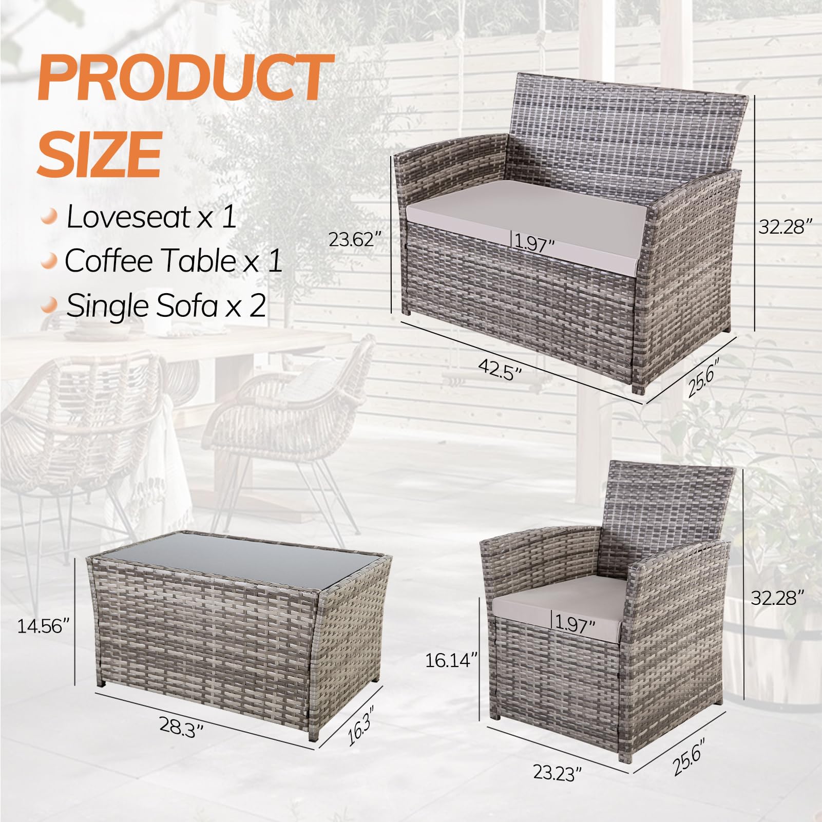 4-Piece Outdoor Patio Furniture Set - Wicker Rattan Sectional Sofa with Coffee Table & Cushions - Gray Conversation Set for Backyard, Porch, Garden, Poolside - Perfect for Relaxing & Entertaining Guests