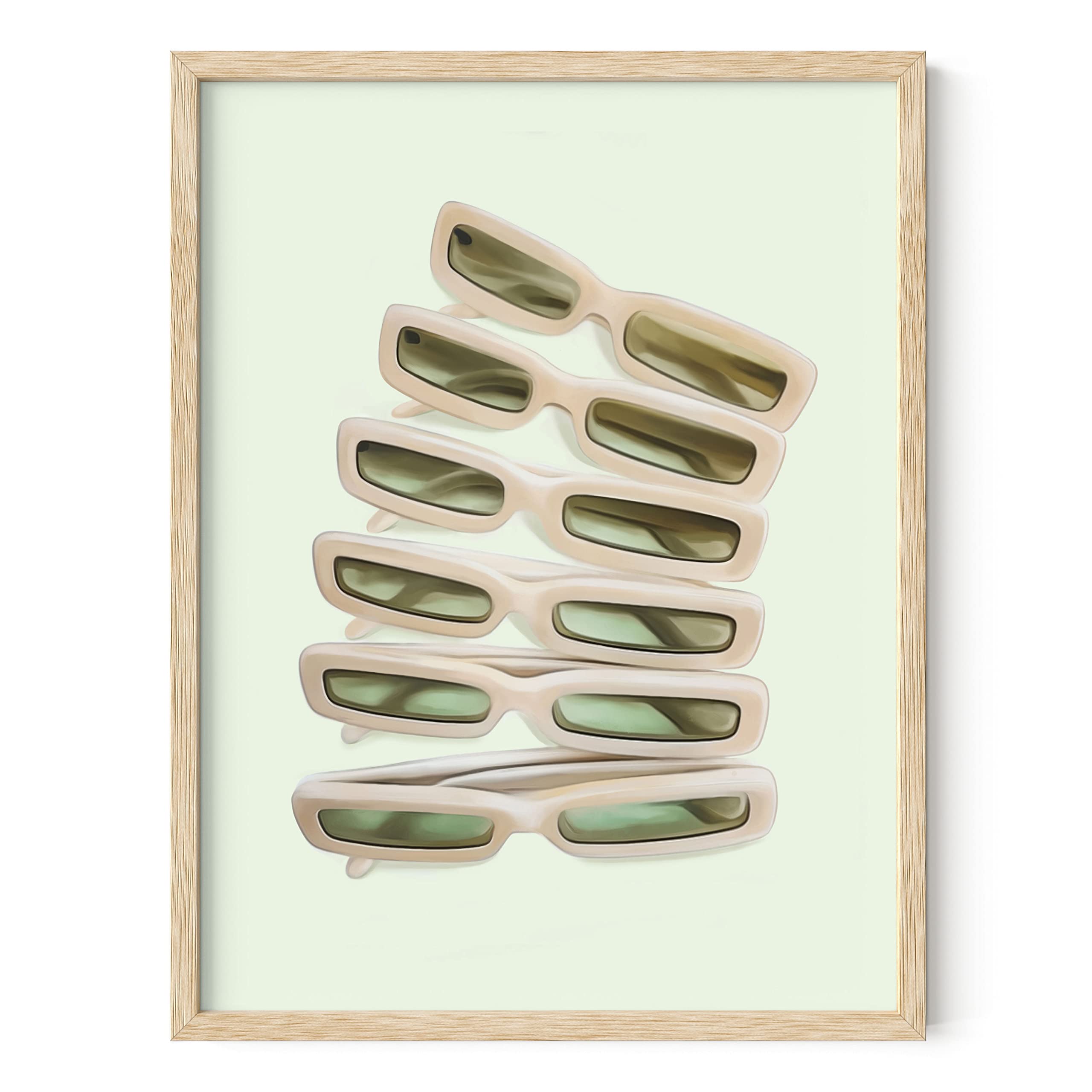 HAUS AND HUES Sage Green Wall Art - Aesthetic Sunglasses Decor Poster for Teen Girls Room (12x16, Beige Framed) | Perfect for Bedroom, Dorm & Glam Wall Decor