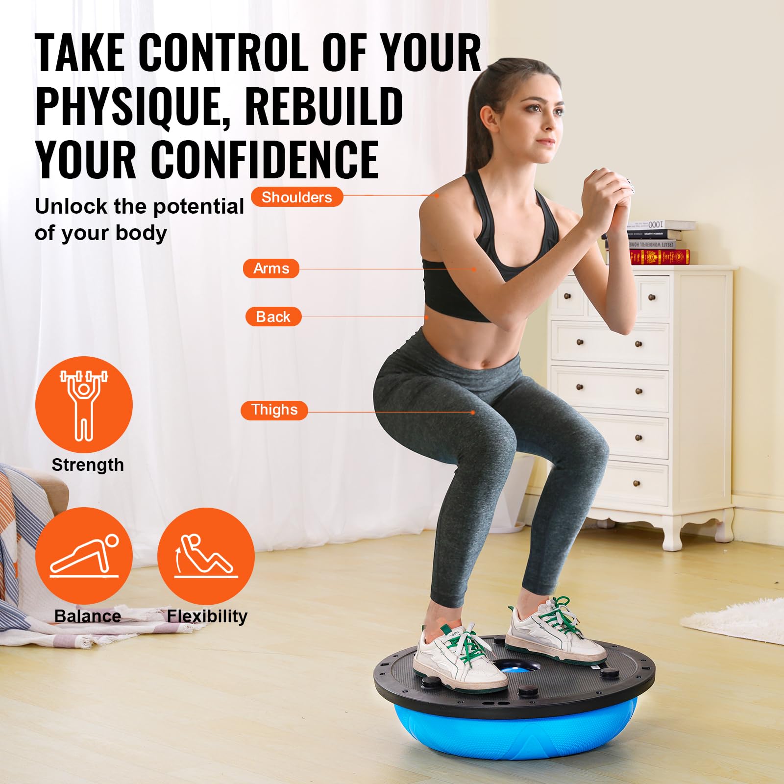 VEVOR 23/26 Inch Half Exercise Ball Trainer - 1500lbs Capacity Stability Ball with Resistance Bands & Foot Pump - Yoga Balance Ball for Home Gym, Core Workouts, Pilates, Physical Therapy & Full Body Fitness - Black
