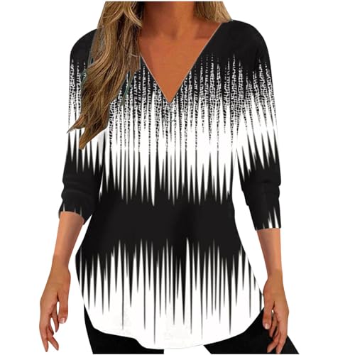 3/4 Sleeve Tie Dye Women's Top - Casual V-Neck Zip Up Shirt for Spring Outfits