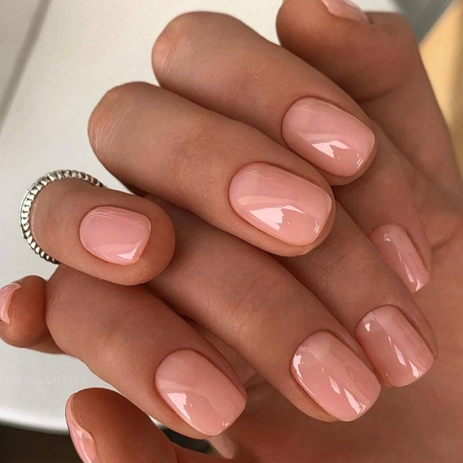 Glamermaid Extra Short Press On Nails - Nude Pink Fake Nails Short Squoval Shape, Natural Round Square Glue On Nails with Glossy Gel Finish | Acrylic Metal False Nail Kits for Women | Reusable Stick On Full Cover Artificial Nails for Daily Wear, Parties & Special Occasions