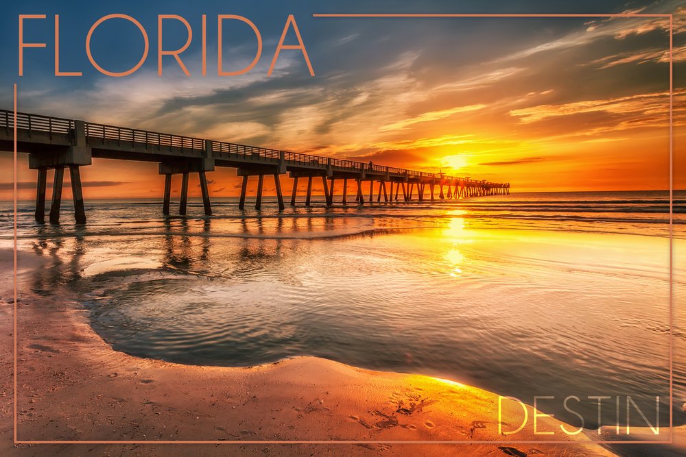 Lantern Press Destin Florida Pier and Sunset Wall Art - 16x24 Wrapped Canvas Print - Coastal Home Decor for Living Room, Bedroom & Office