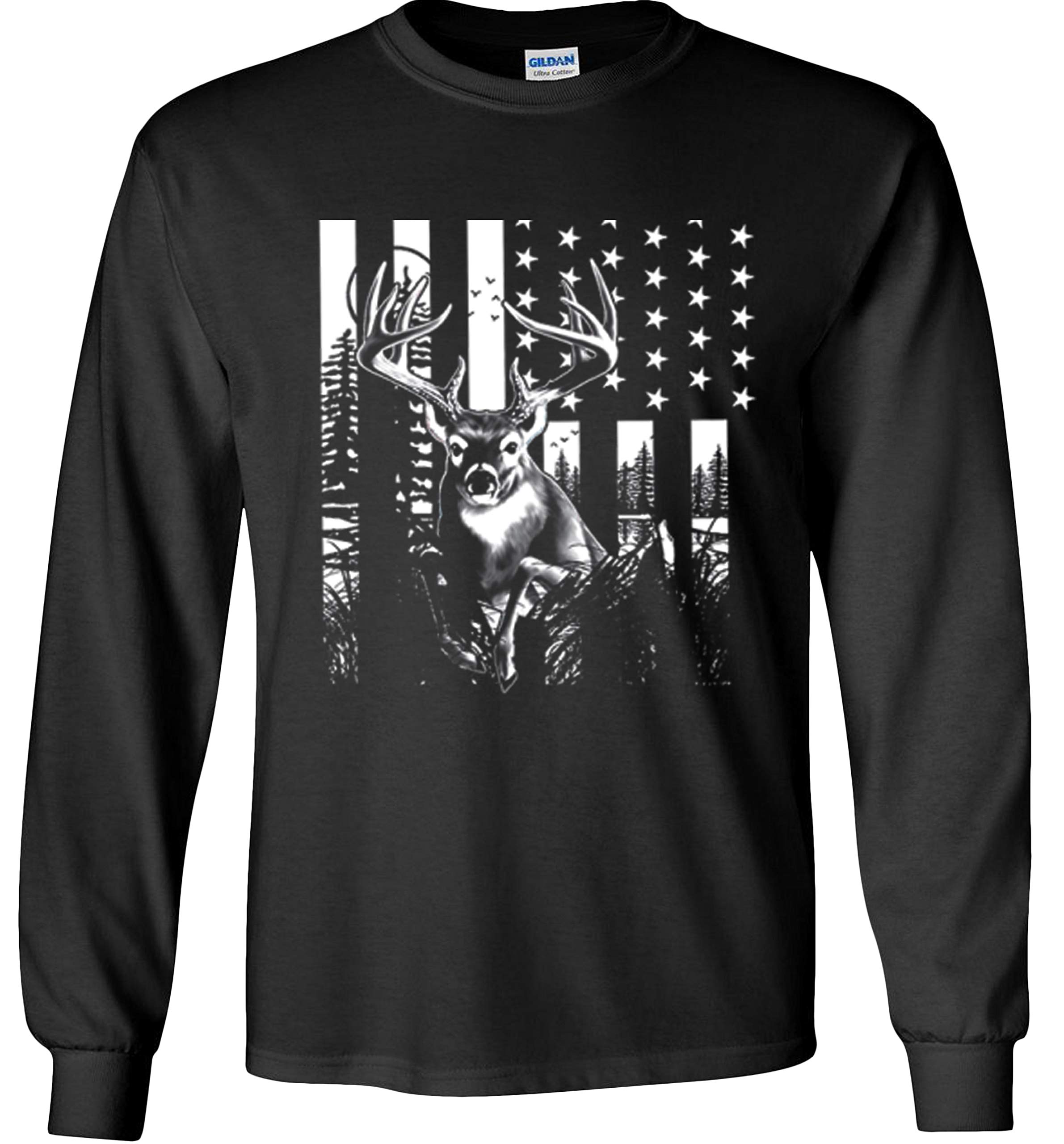 Deer Hunting Long Sleeve Shirt with US Flag Design - Patriotic Camo Buck Antler Graphic Tee for Elk Hunters & Outdoor Enthusiasts | Perfect for Hunting Trips, Camping & 4th of July Celebrations