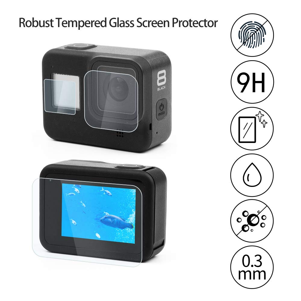 LARRITS 2 Pack Tempered Glass Screen Protector + Lens Protector with 4 LCD Display Films for GoPro Hero 8 Black - HD Clear Protection for Outdoor Sports, Travel & Adventure Photography