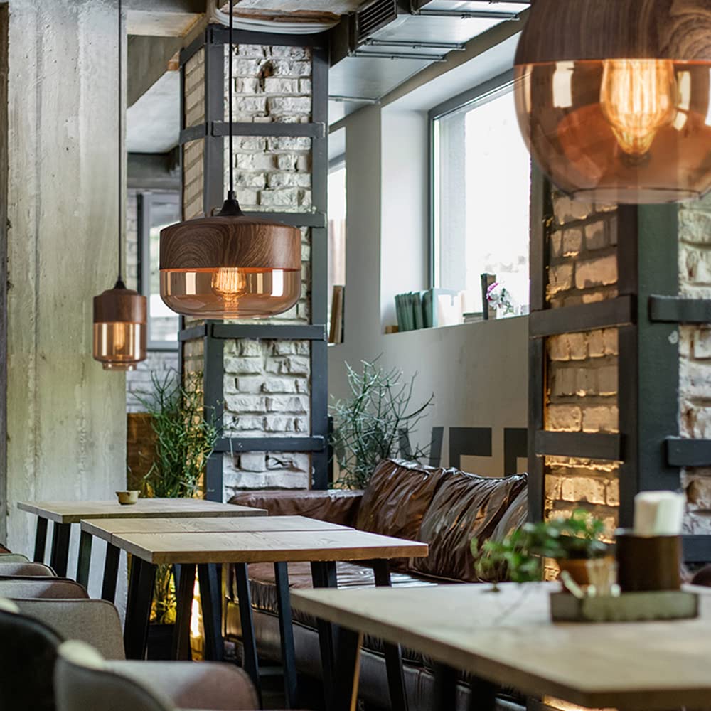 Nordic Walnut Wood Pendant Light with Geometric Glass Shade - 1-Light Cafe Suspension Lamp for Kitchen Island, Dining Room & Bar Ceiling (110V-120V) | Modern Drum Lighting Fixture for Home & Restaurant Decor