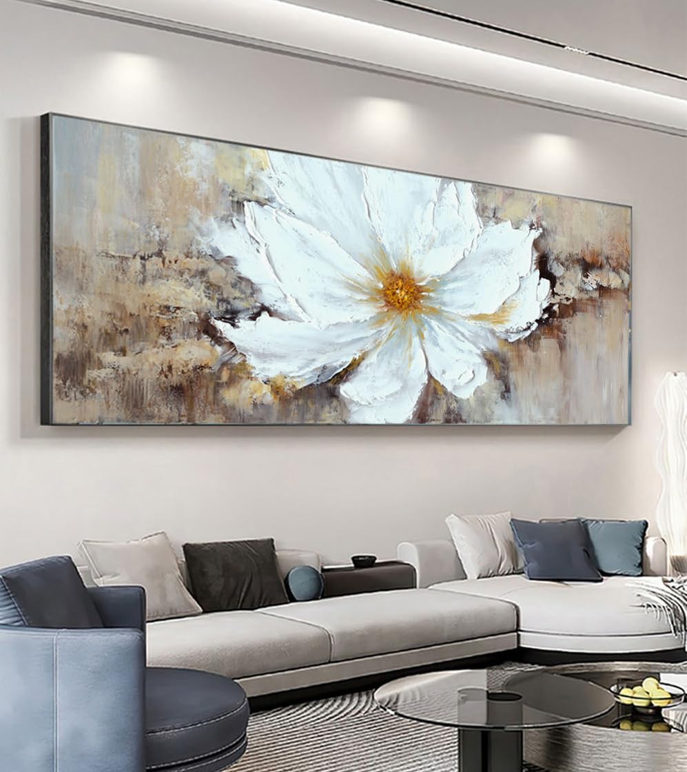 Hand-Painted White Floral Oil Painting on Canvas - Large Framed Wall Art for Bedroom & Living Room Decor - Modern Black Frame Ready to Hang (24x56 inches) - Perfect for Home, Office, and Wedding Venue Decoration