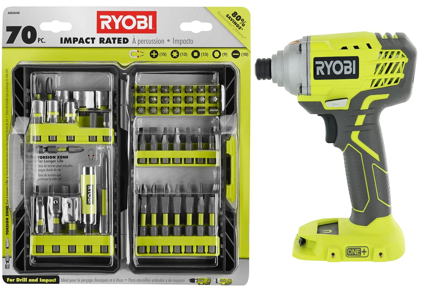 Ryobi 18V ONE+ Cordless 1/4 Inch Impact Drill Driver Kit with 70-Piece Accessory Set - Perfect for DIY Home Projects, Furniture Assembly & Construction Work (Tool Only - No Battery/Charger)