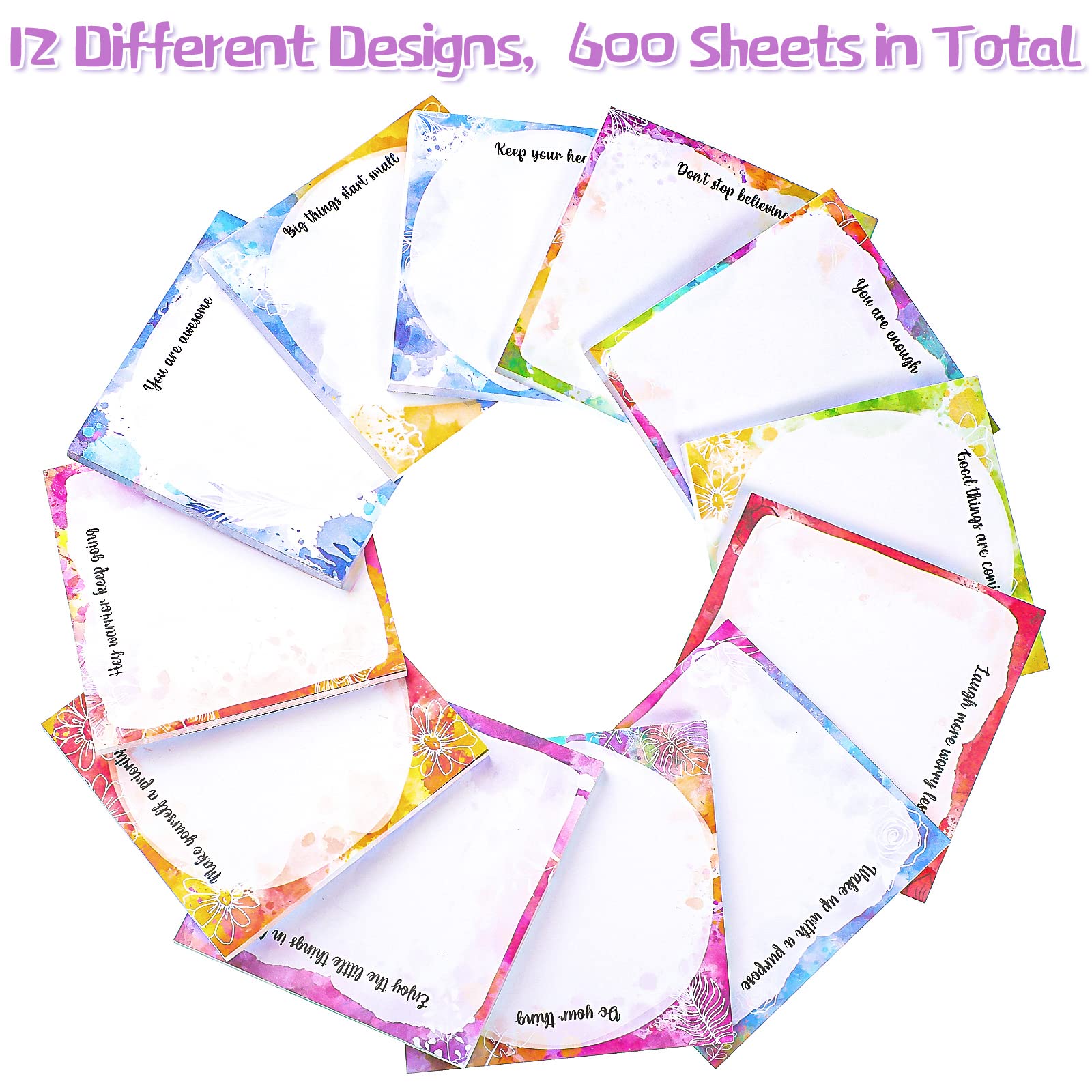 12-Pack Inspirational Sticky Notes 3x3 Inch - Colorful Watercolor Motivational Memo Pads with Uplifting Quotes - Perfect for Office, School, Study Reminders & Daily Planning